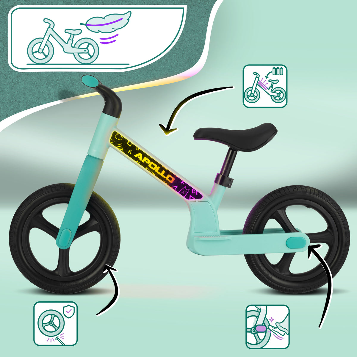 Apollo Funsport France - Draisienne LED Trailbuddy pour enfants dès 2 ans – Draisienne 12 pouces avec éclairage - Menthe
