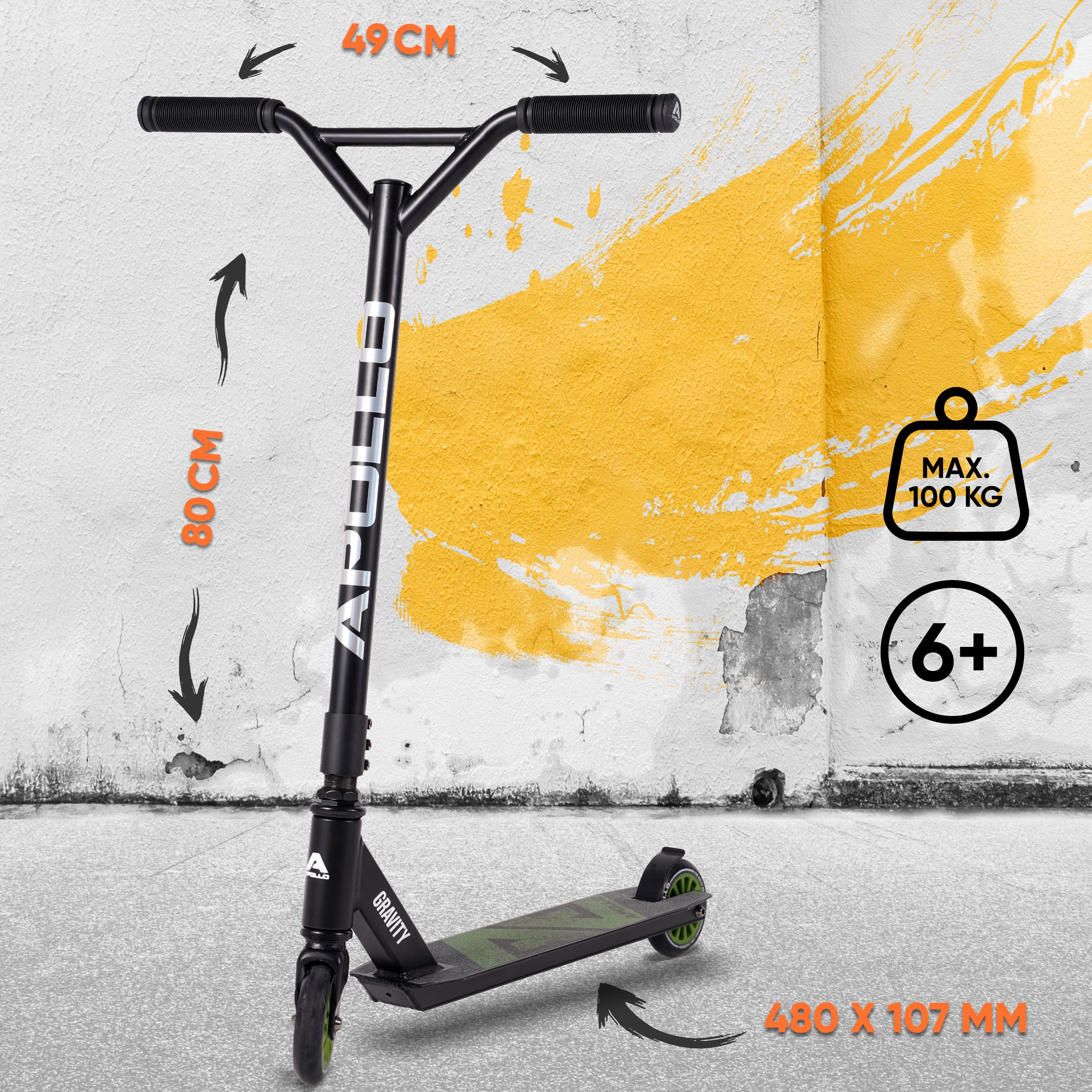 Apollo Funsport FR - Apollo Stunt Scooter Gravity - Trottinette fun pour enfants et adolescents - Noir Vert