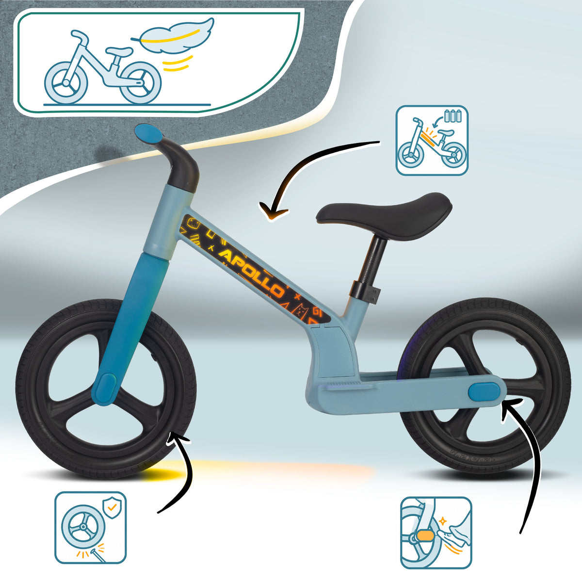 Apollo Funsport France - Draisienne LED Trailbuddy pour enfants dès 2 ans – Draisienne 12 pouces avec éclairage - Bleu