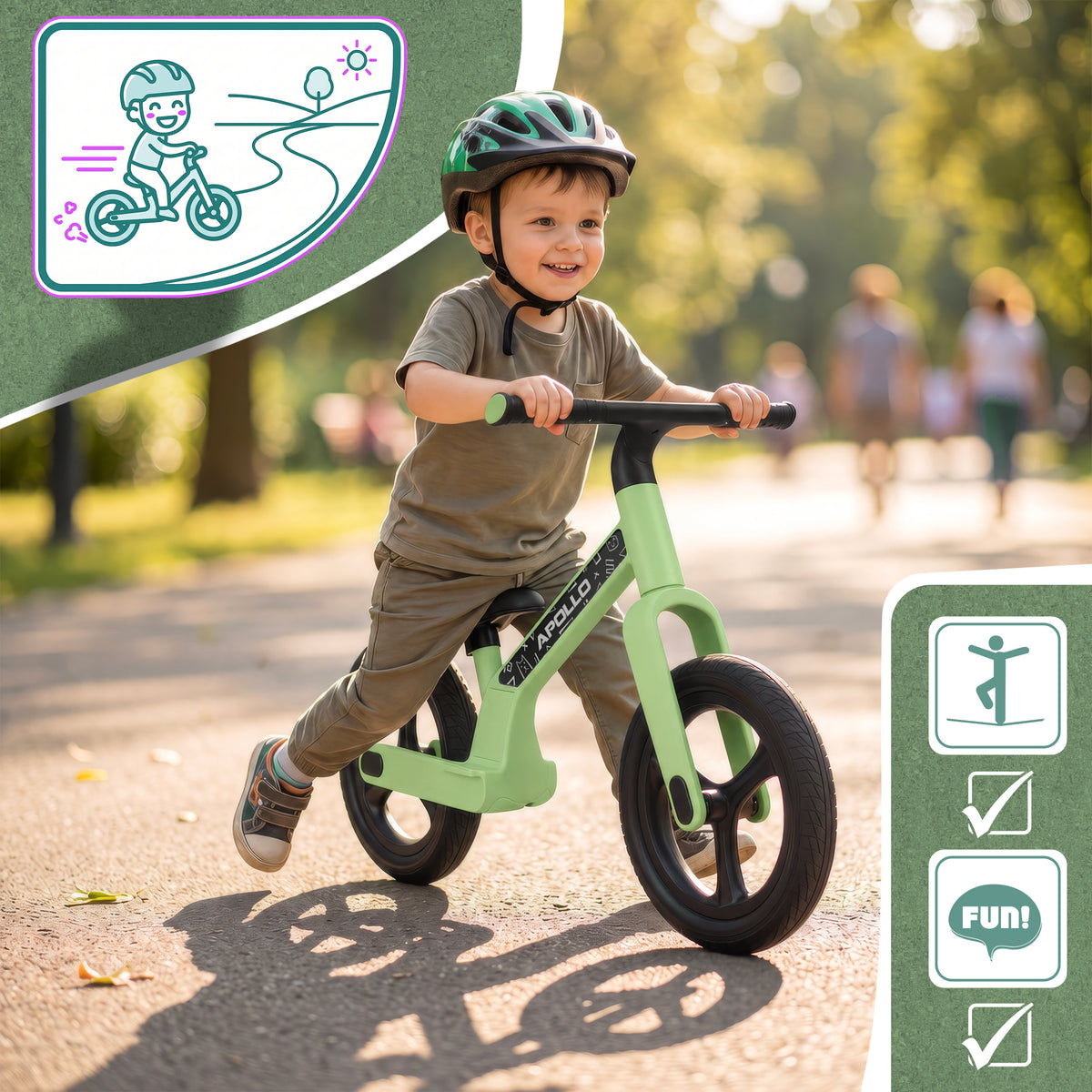 Apollo Funsport France - Draisienne LED Trailbuddy pour enfants dès 2 ans – Draisienne 12 pouces avec éclairage - Vert