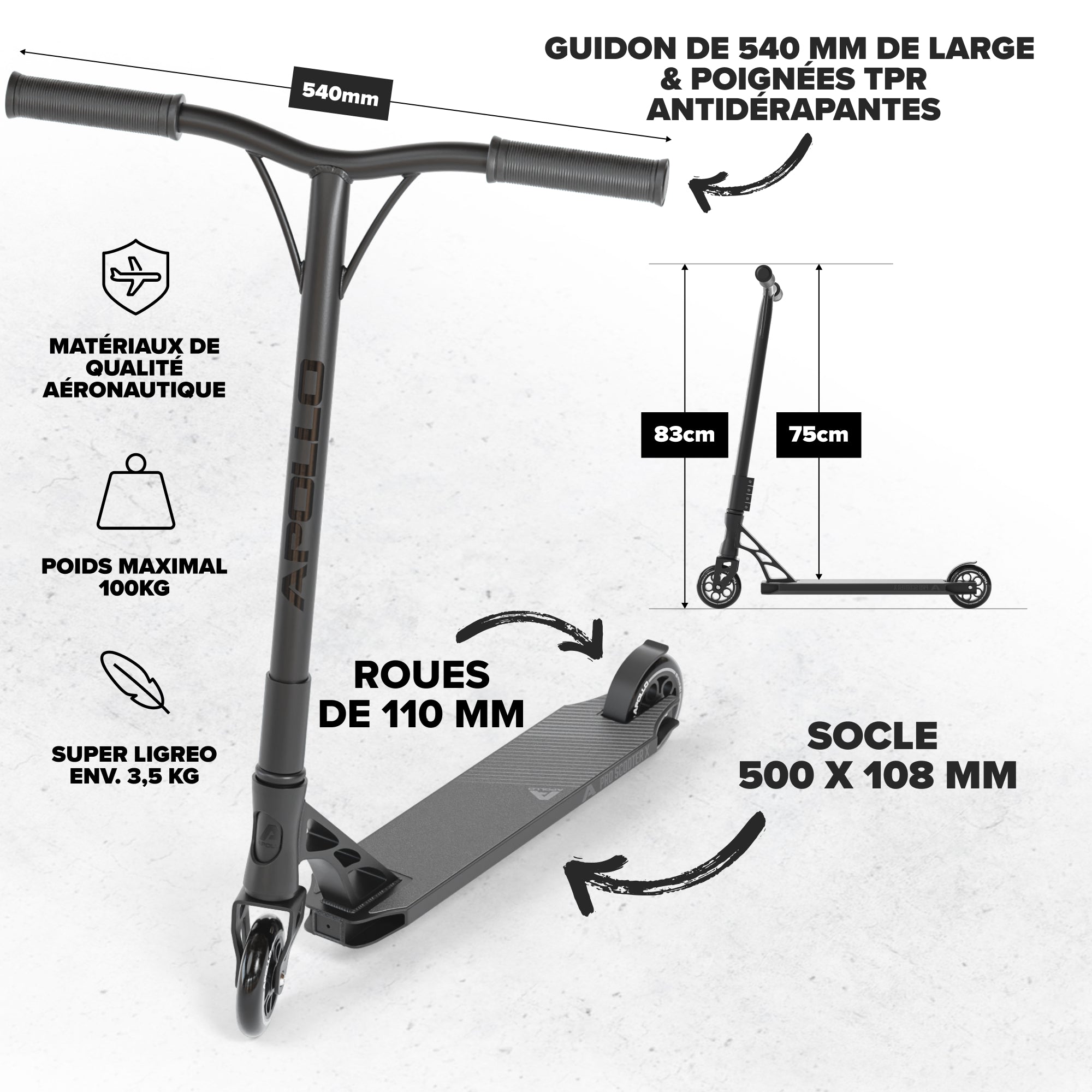Apollo - Trotinette freestyle Adulte Genesis Pro X avec Roulements à Billes ABEC 9 - Noir