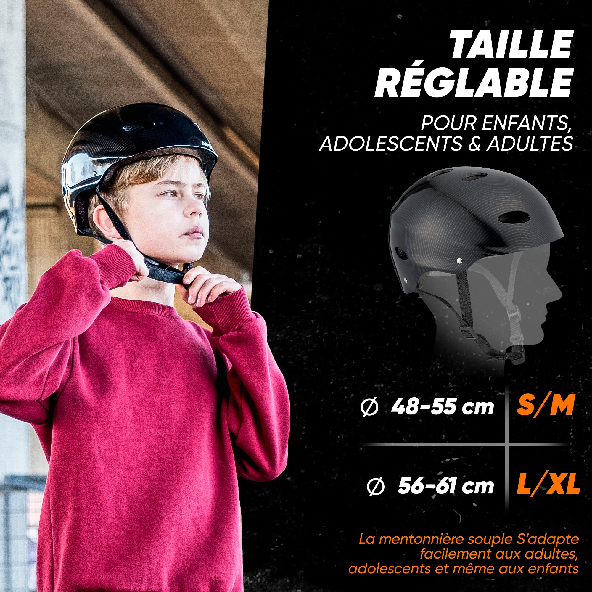 Apollo - Casque réglable pour skate et vélo - Dark Carbon