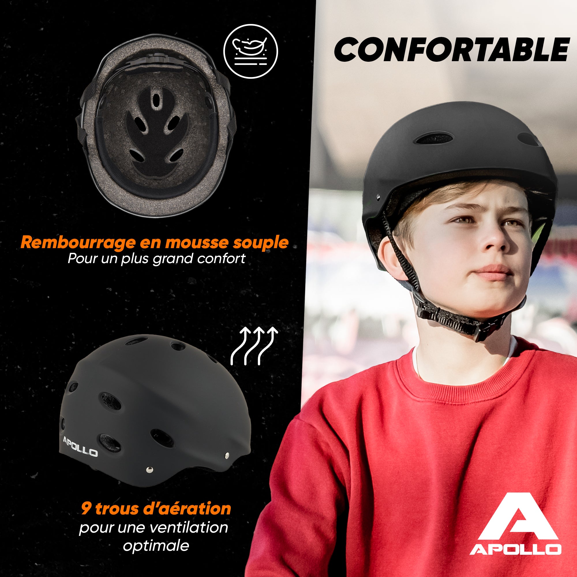 Apollo - Casque réglable pour skate et vélo - Black