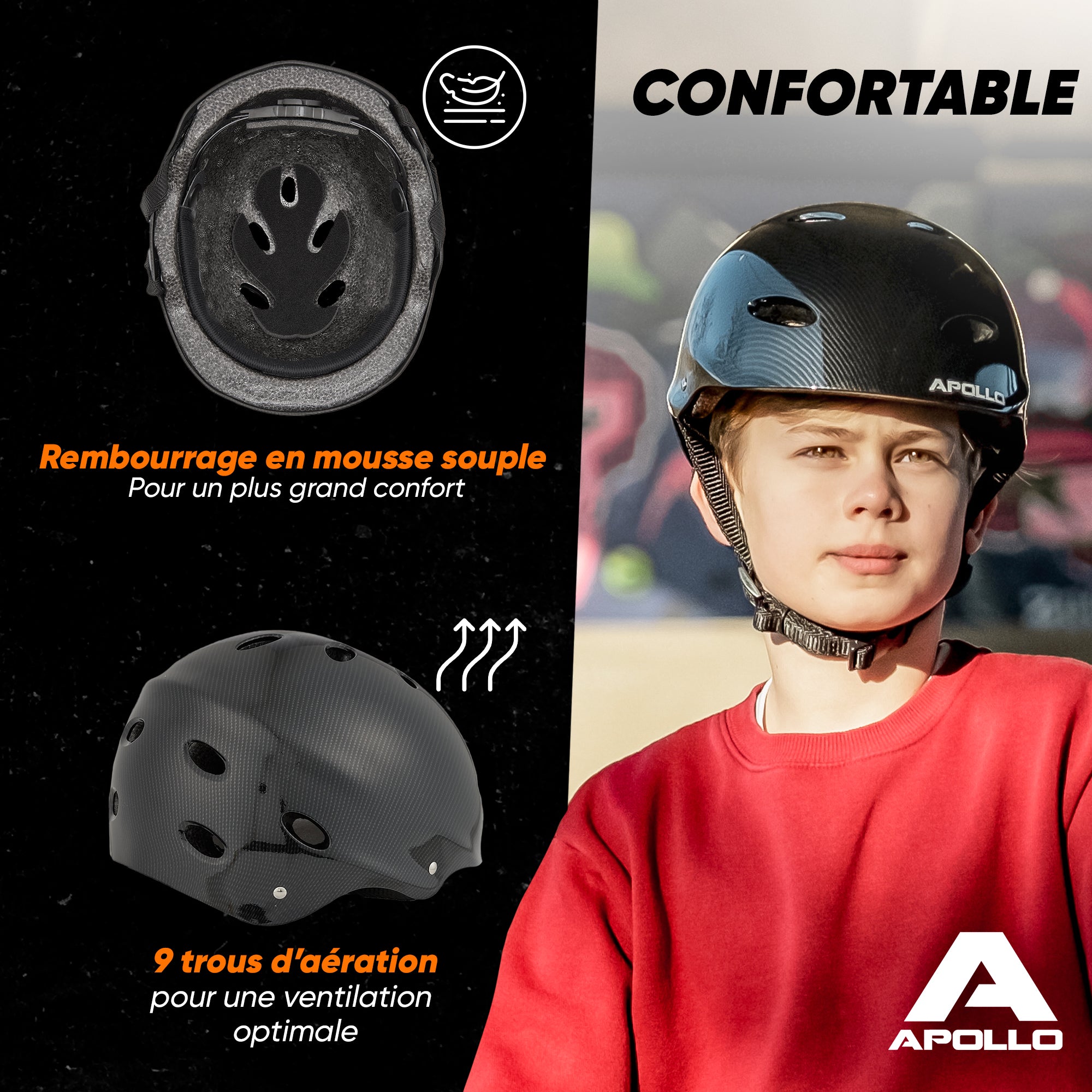 Apollo - Casque réglable pour skate et vélo - Dark Carbon