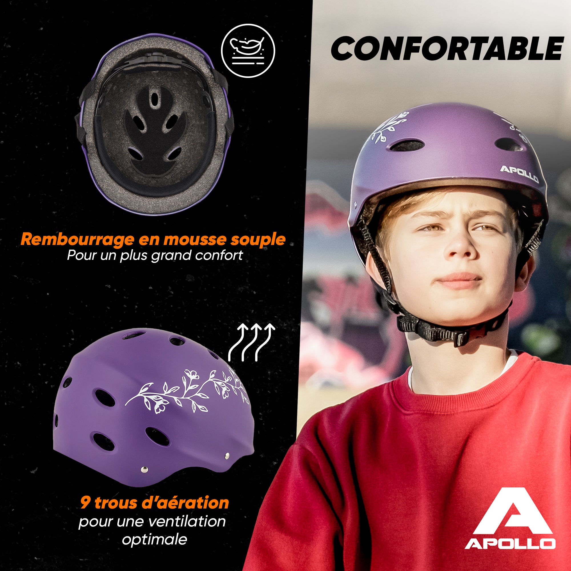 Apollo - Casque réglable pour skate et vélo - Purple Flower