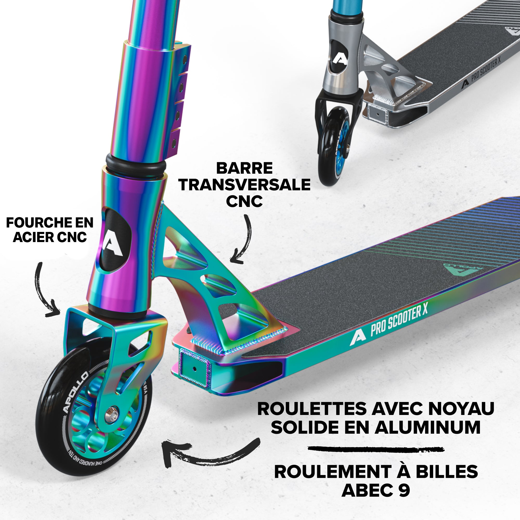 Apollo - Trotinette freestyle Adulte Genesis Pro X avec Roulements à Billes ABEC 9 - Full Rainbow