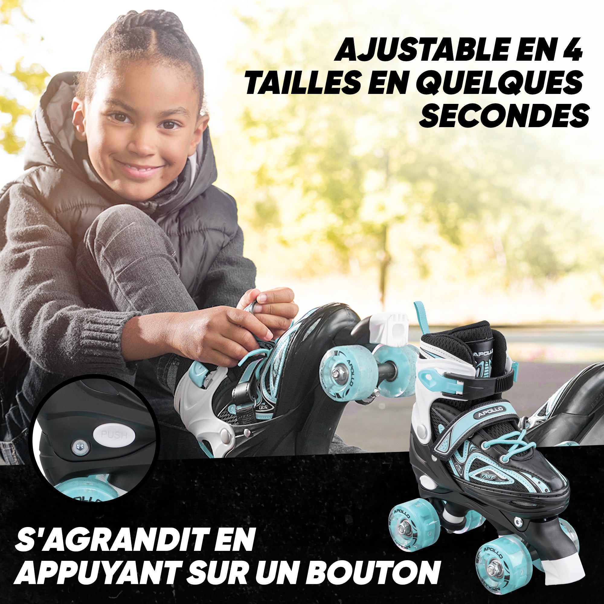 Apollo - Super Quad X Pro - Patins à roulettes LED pour enfants et adolescents - Menthe - L (39-42)