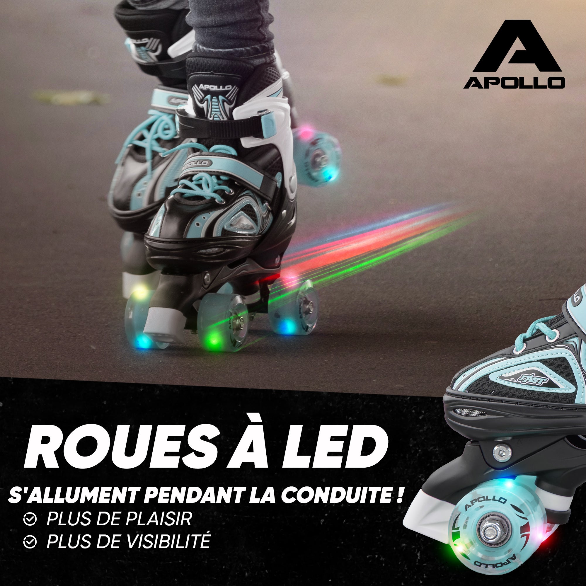 Apollo - Super Quad X Pro - Patins à roulettes LED pour enfants et adolescents - Menthe - L (39-42)