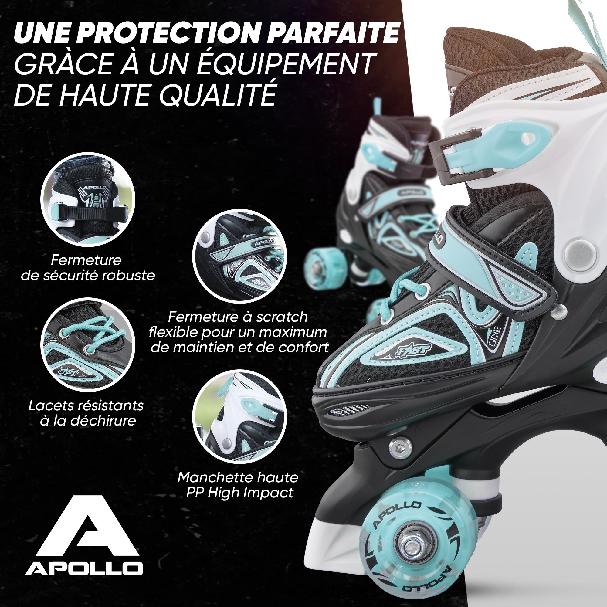 Apollo - Super Quad X Pro - Patins à roulettes LED pour enfants et adolescents - Menthe - L (39-42)