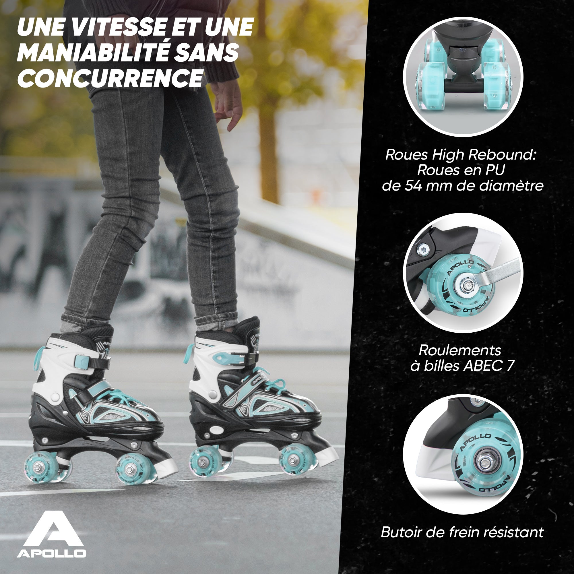 Apollo - Super Quad X Pro - Patins à roulettes LED pour enfants et adolescents - Menthe - L (39-42)