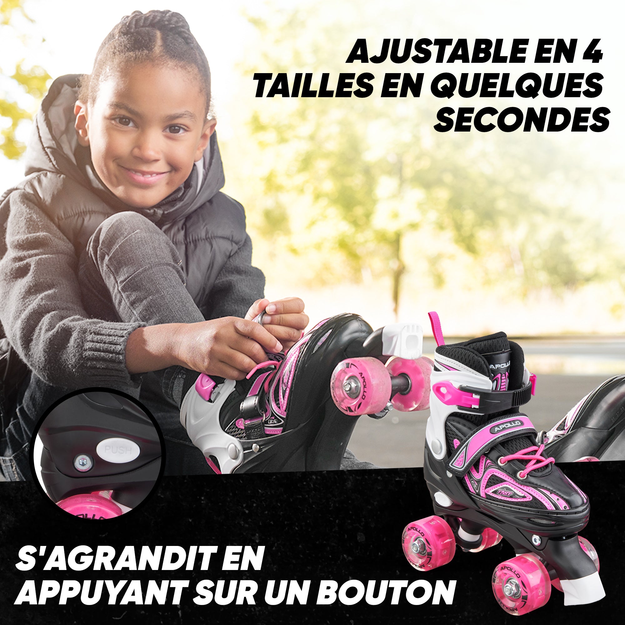 Apollo - Super Quad X Pro - Patins à roulettes LED pour enfants et adolescents - Rose - L (39-42)