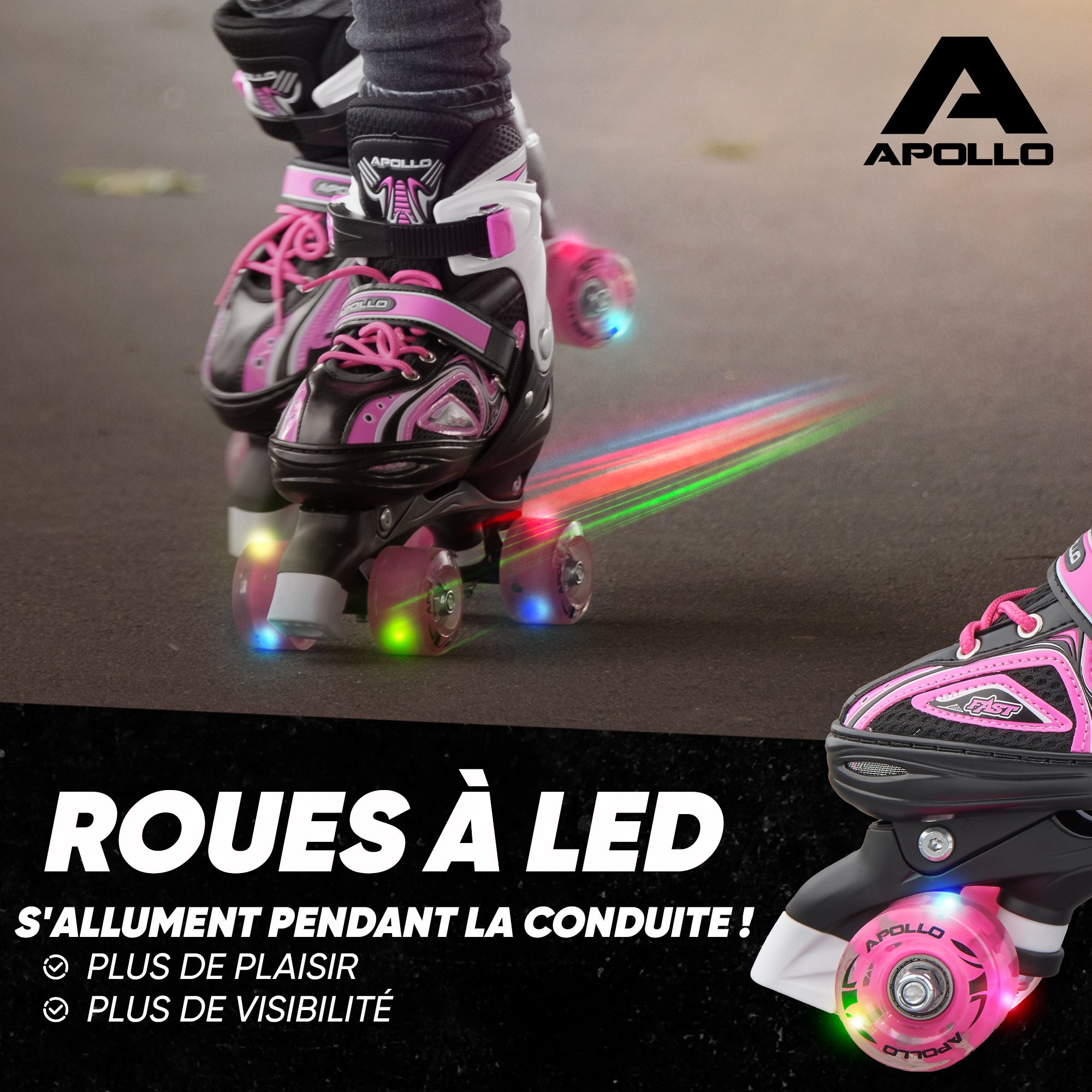 Apollo - Super Quad X Pro - Patins à roulettes LED pour enfants et adolescents - Rose - L (39-42)
