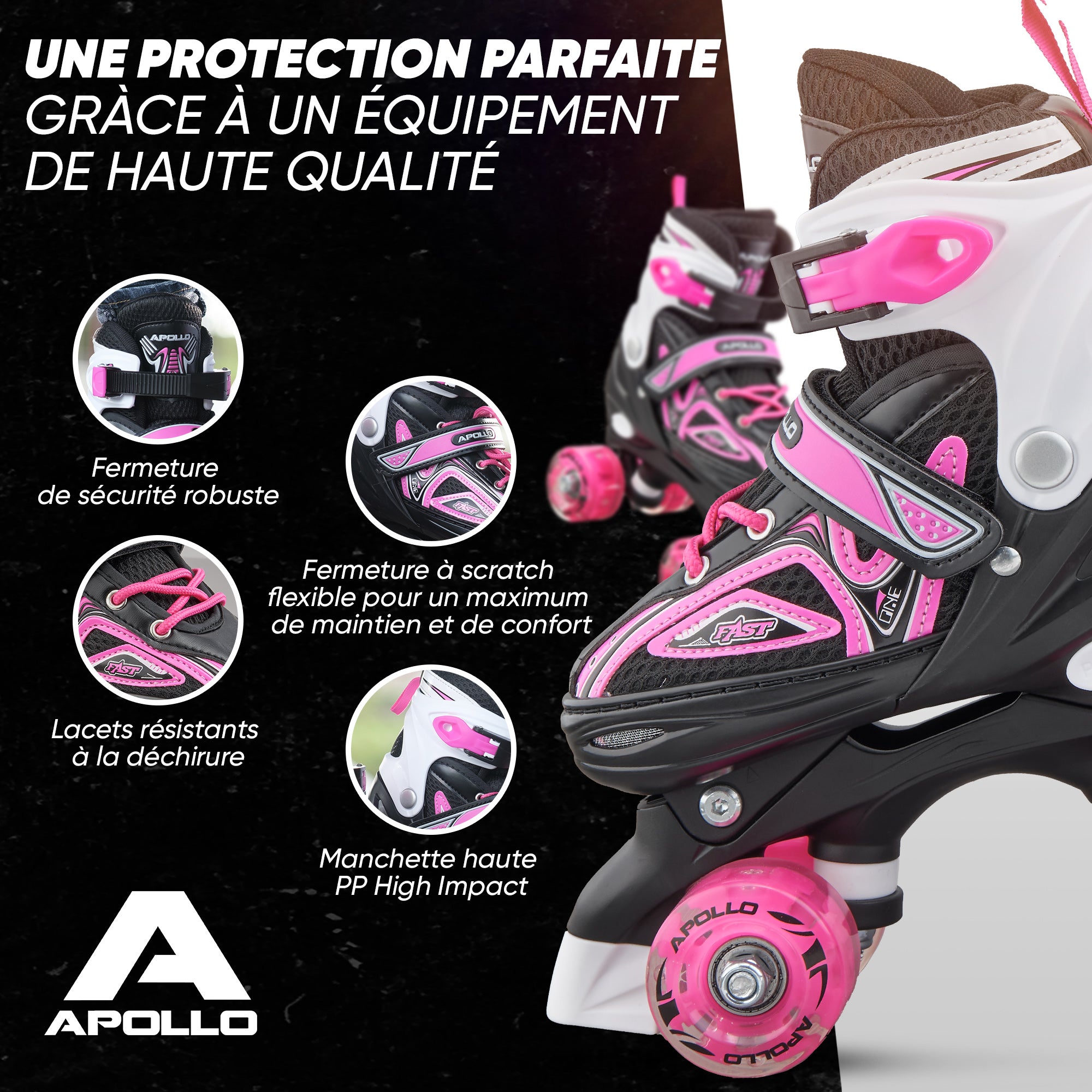Apollo - Super Quad X Pro - Patins à roulettes LED pour enfants et adolescents - Rose - L (39-42)