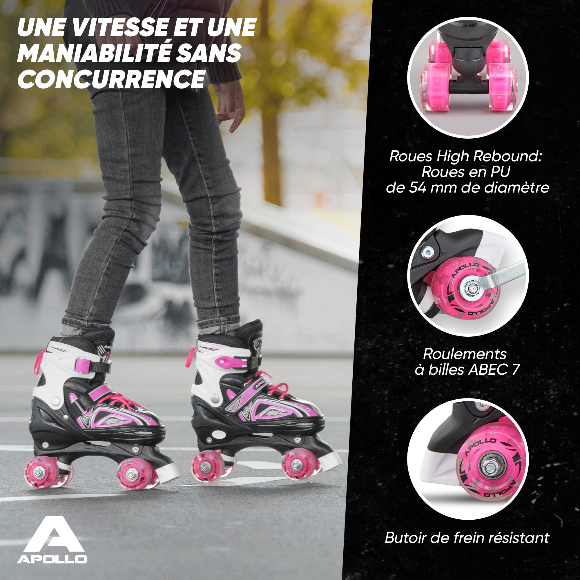 Apollo - Super Quad X Pro - Patins à roulettes LED pour enfants et adolescents - Rose - L (39-42)
