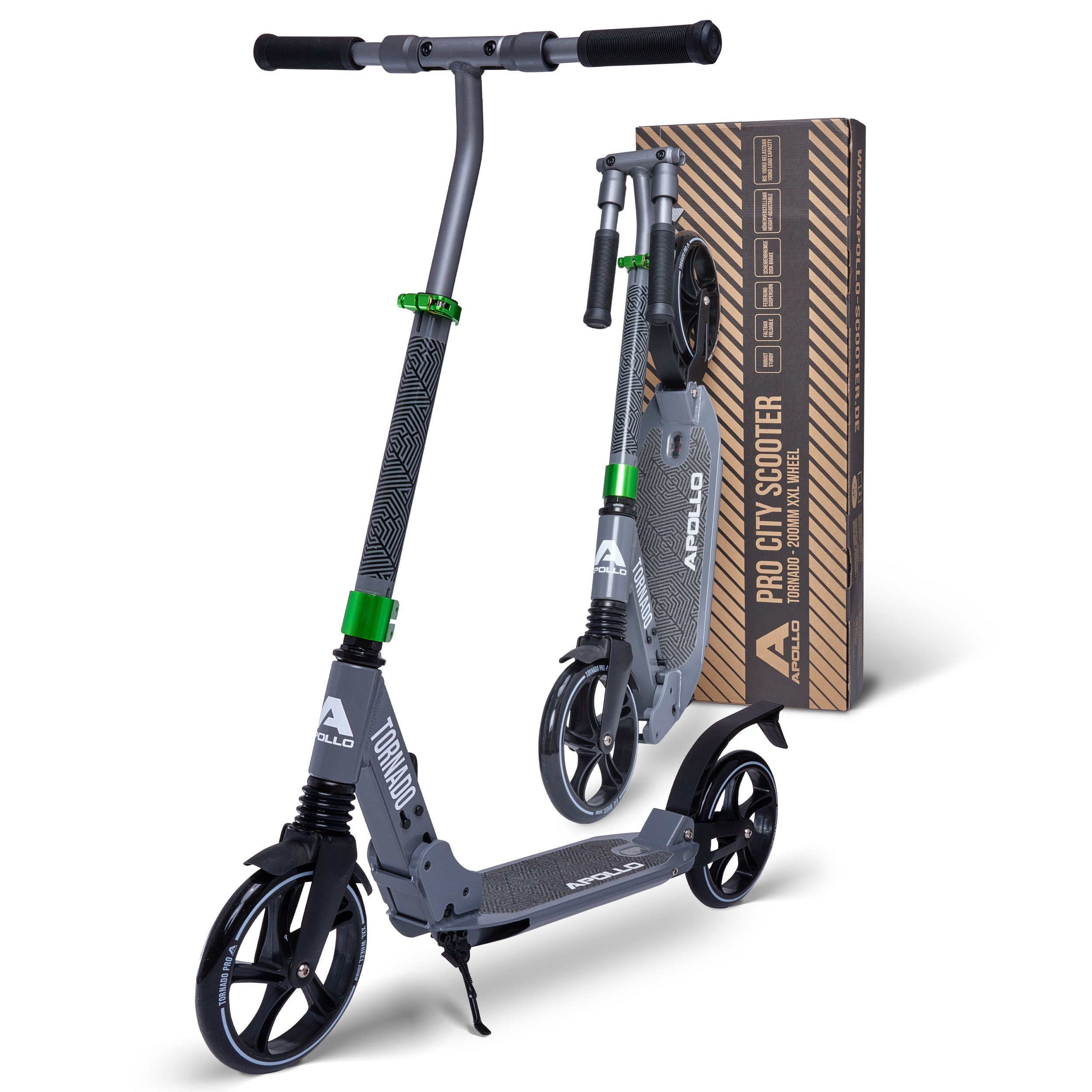Apollo - Trottinette Apollo High End - Trottinette Tornado City avec frein et suspension - Gris Vert