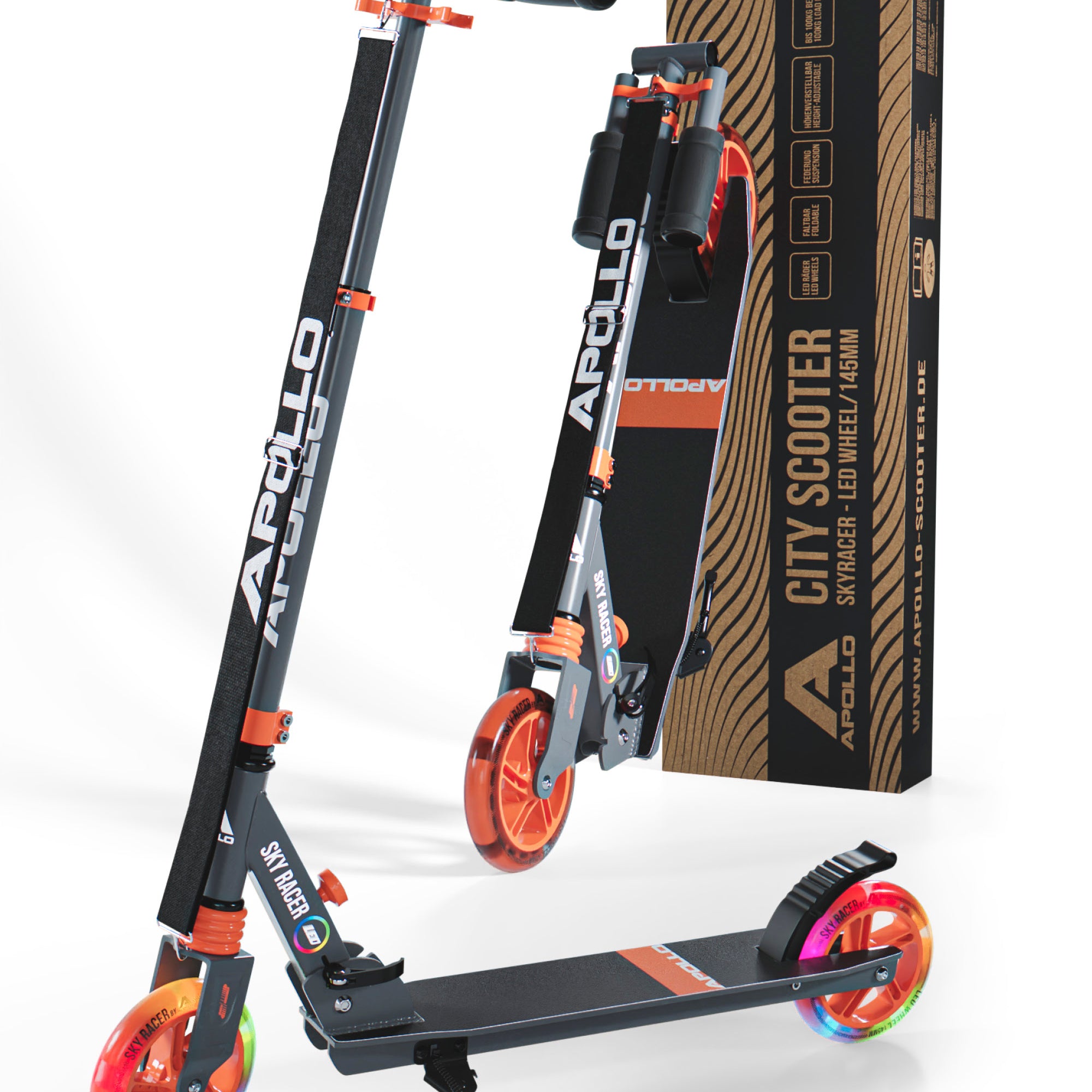 Apollo - Trottinette Skyracer - trottinette urbaine à suspension avec roues LED 145 mm - Orange