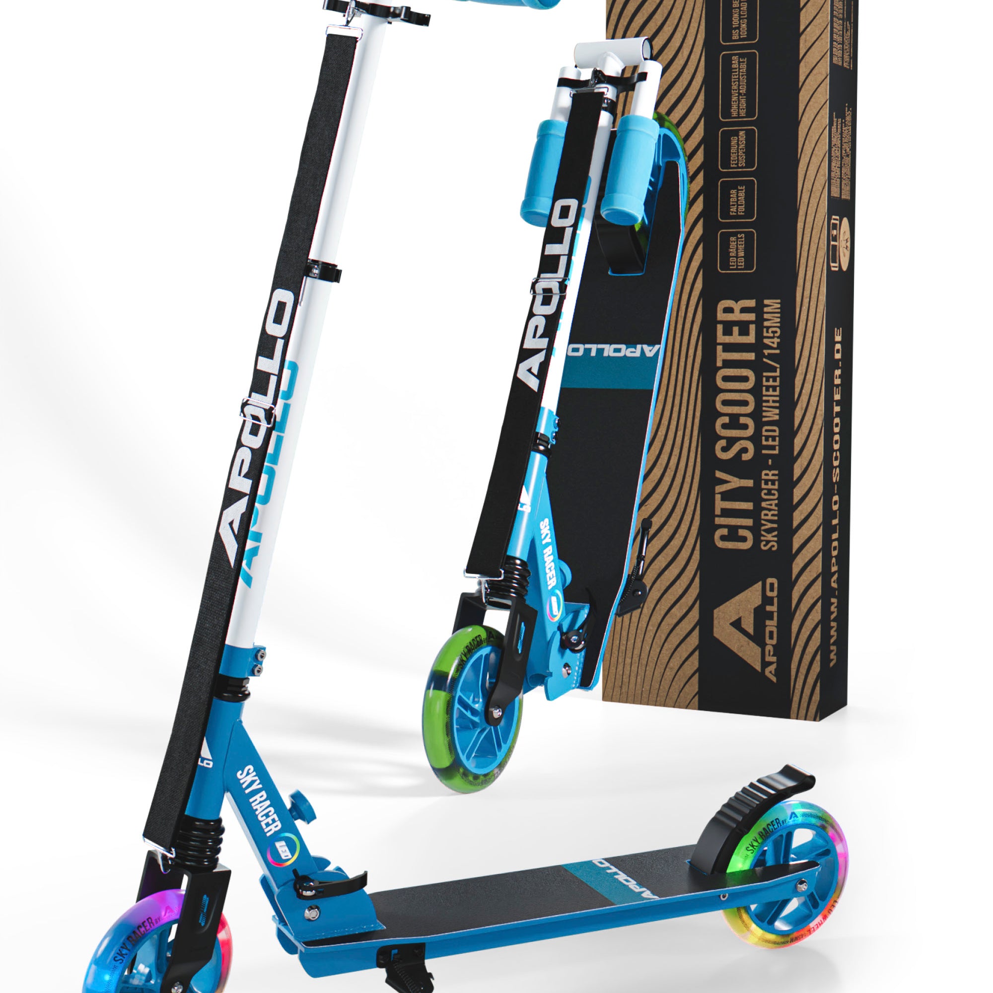 Apollo - Trottinette Skyracer - trottinette urbaine à suspension avec roues LED 145 mm - Bleu