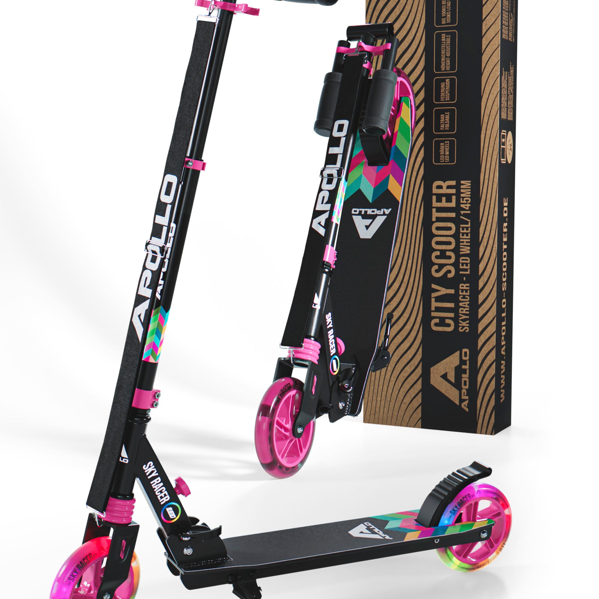 Apollo - Trottinette Skyracer - trottinette urbaine à suspension avec roues LED 145 mm - Rainbow