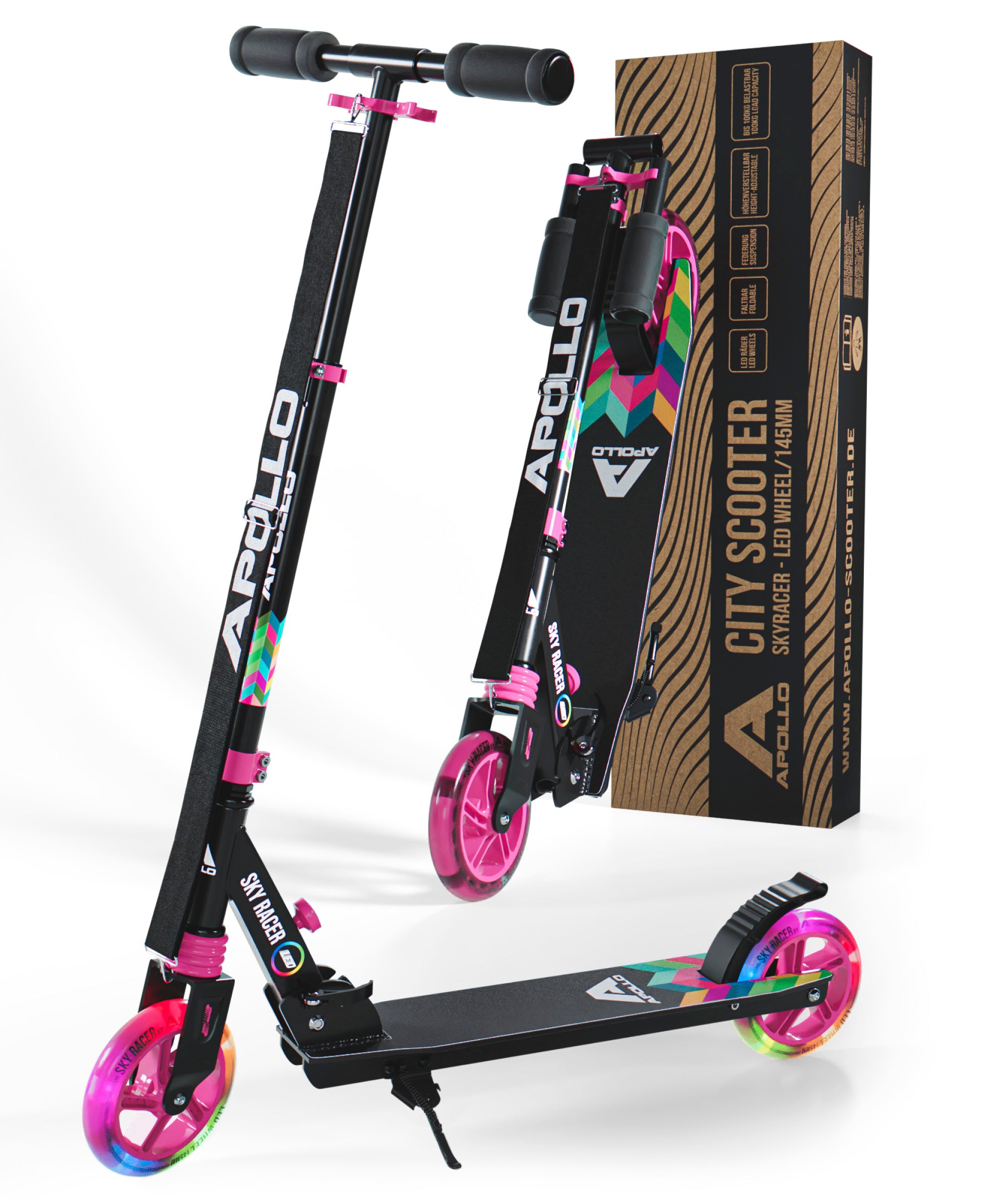 Apollo - Trottinette Skyracer - trottinette urbaine à suspension avec roues LED 145 mm - Rainbow