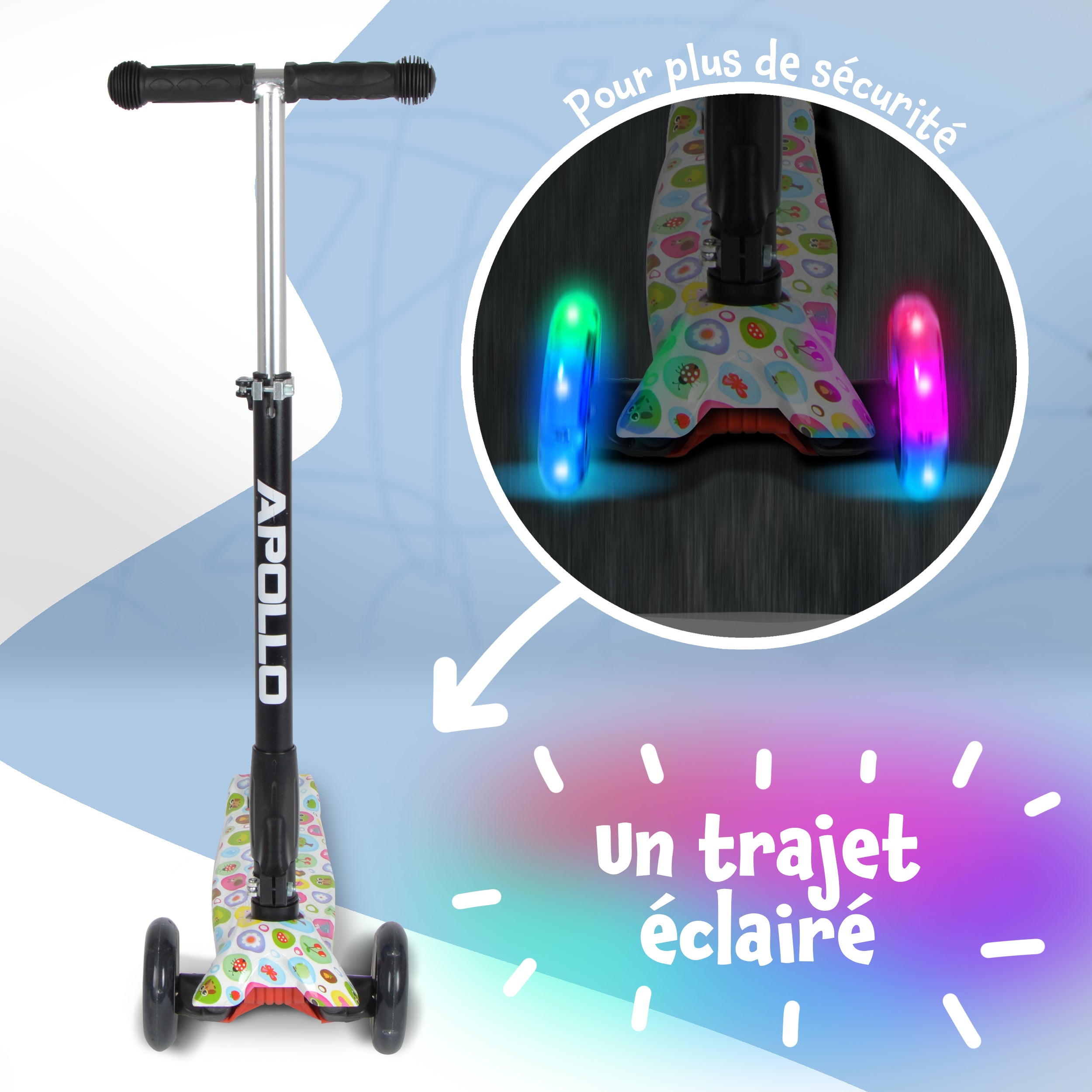 Apollo - Trottinette Kids Whiz à LED pour les enfants - Fleurs roses