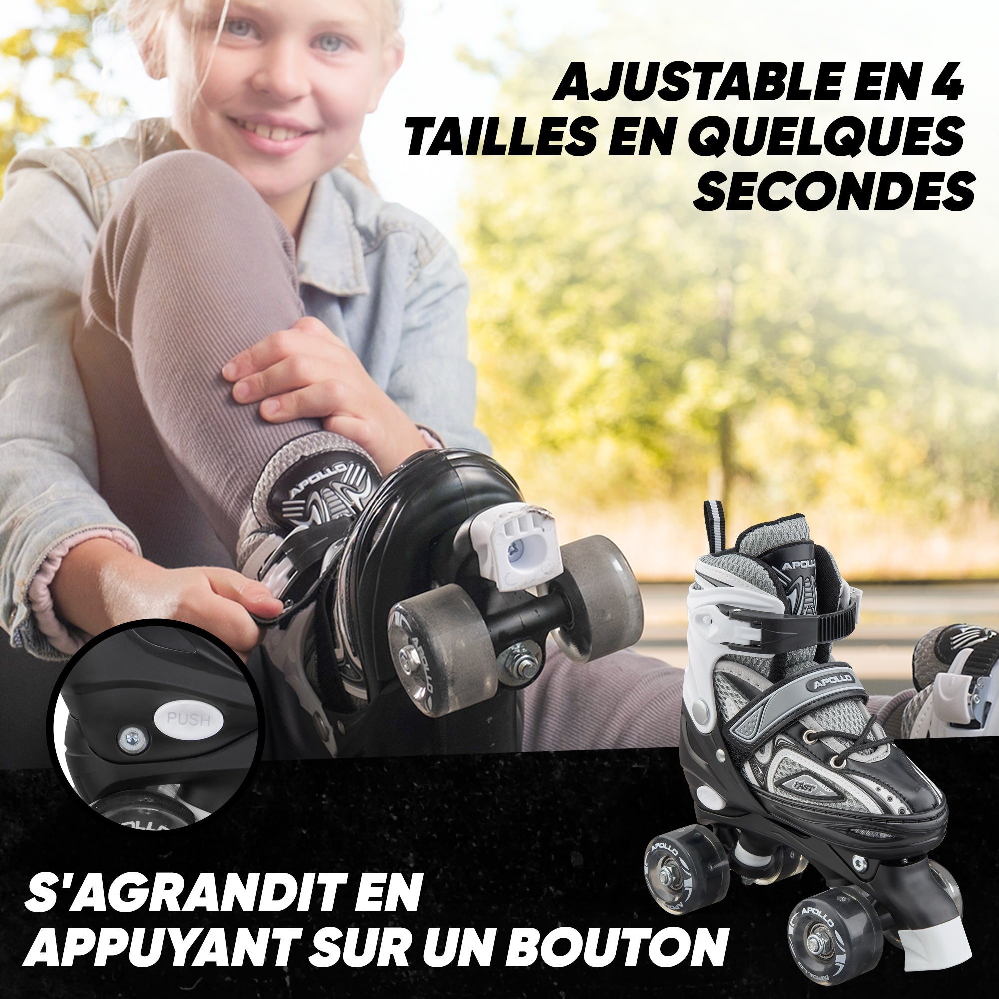 Apollo - Super Quad X Pro - Patins à roulettes LED pour enfants et adolescents - Noir - L (39-42)