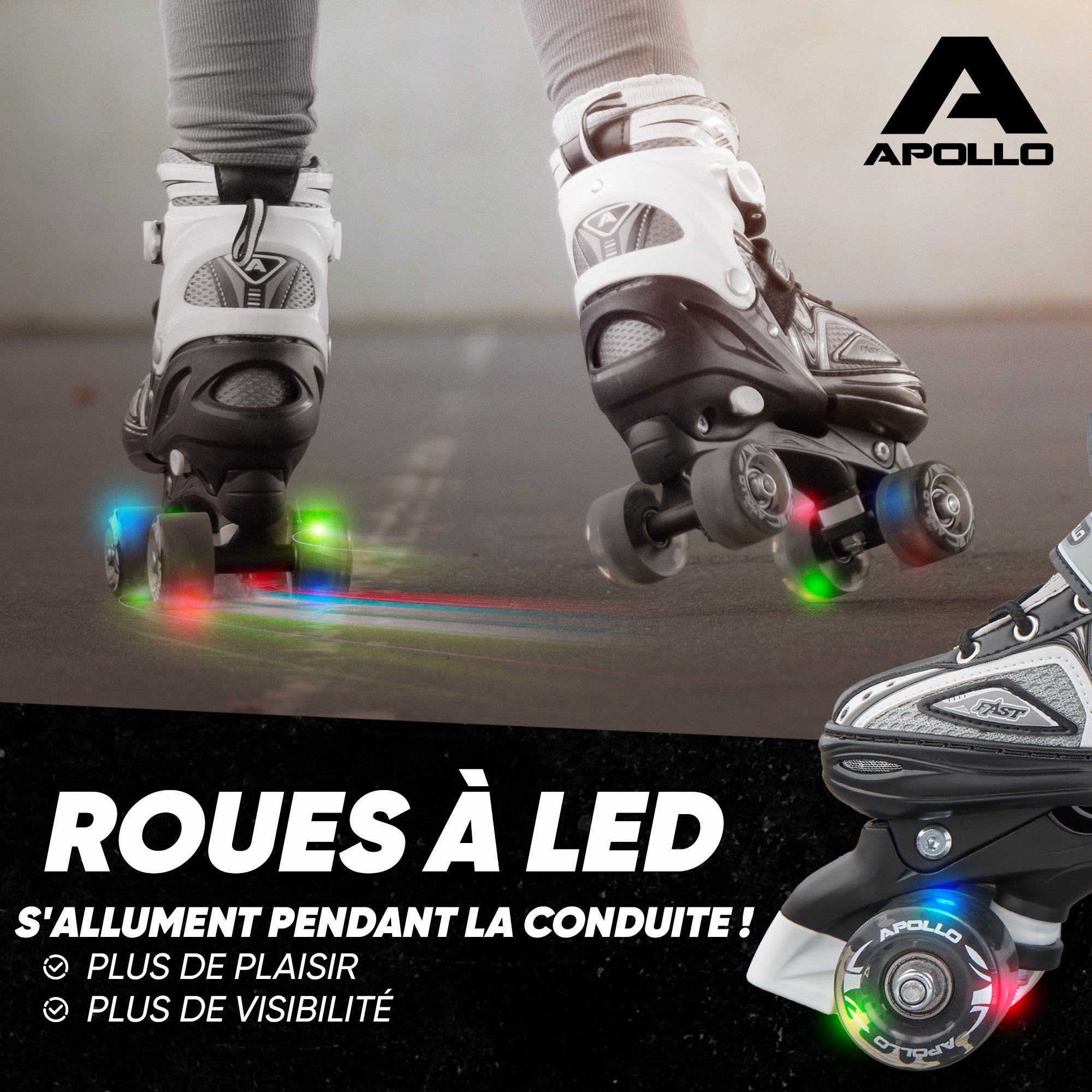 Apollo - Super Quad X Pro - Patins à roulettes LED pour enfants et adolescents - Noir - L (39-42)