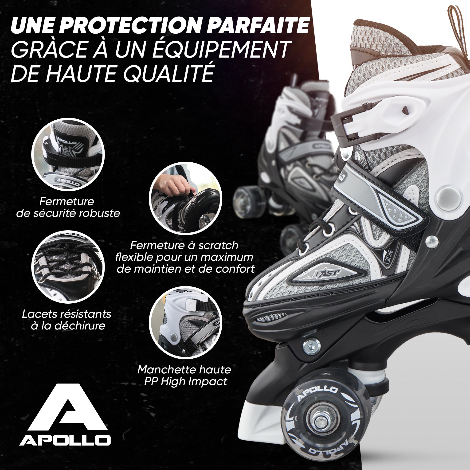 Apollo - Super Quad X Pro - Patins à roulettes LED pour enfants et adolescents - Noir - L (39-42)