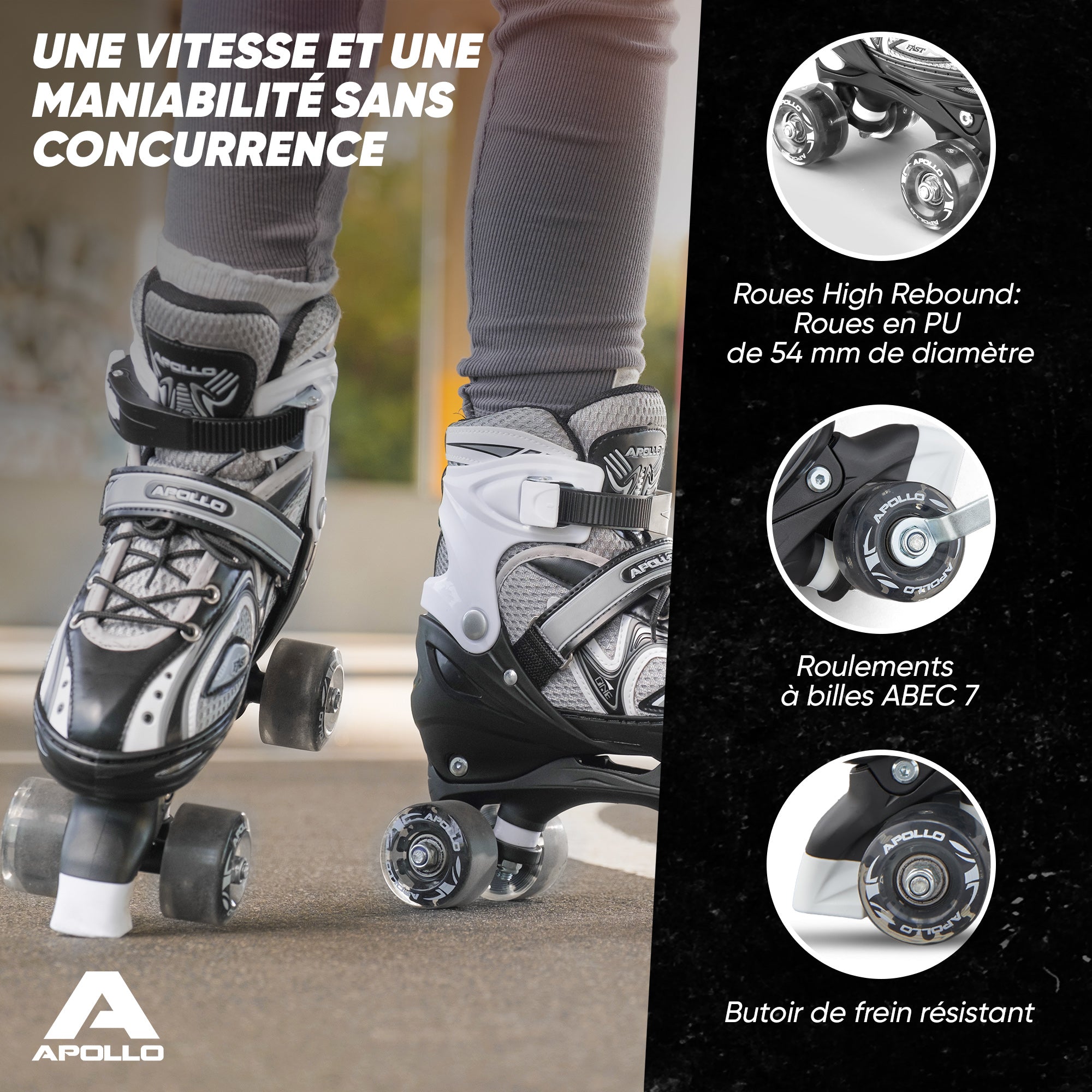 Apollo - Super Quad X Pro - Patins à roulettes LED pour enfants et adolescents - Noir - L (39-42)