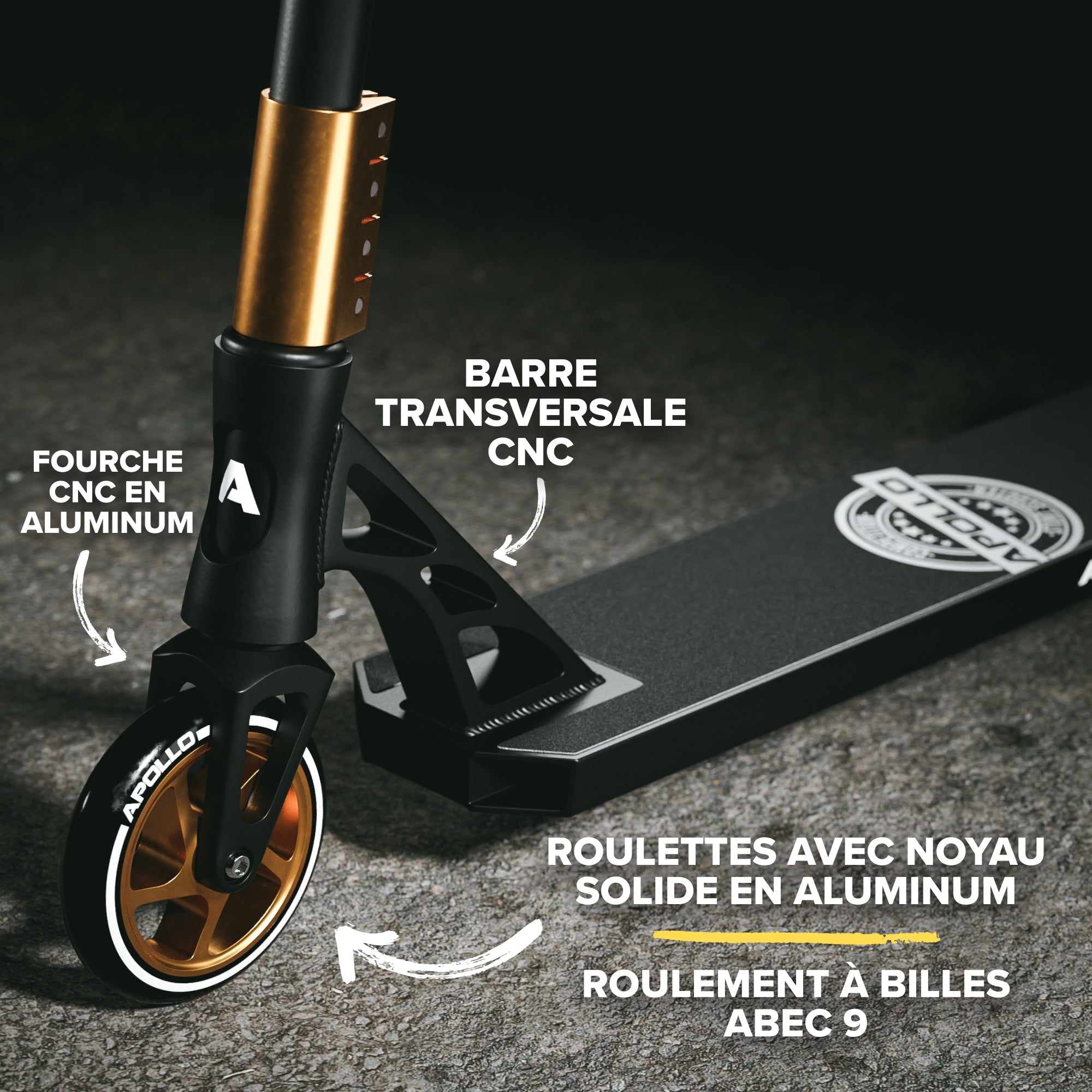 Apollo - Trotinette freestyle adulte “Genesis Pro X Competition” avec roulements à billes ABEC 9 - Noir Or