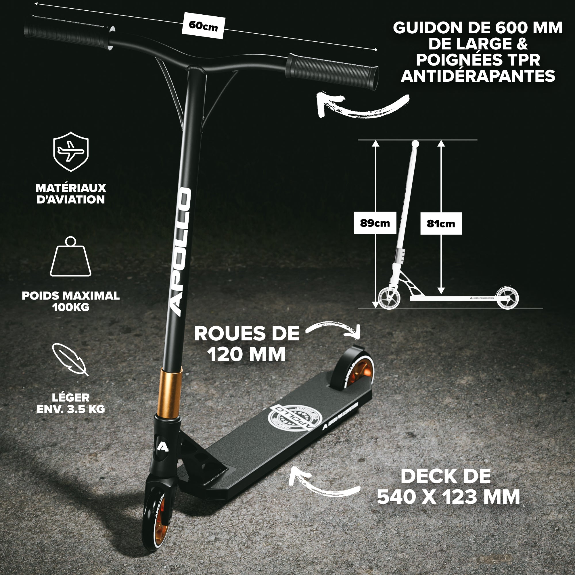 Apollo - Trotinette freestyle adulte “Genesis Pro X Competition” avec roulements à billes ABEC 9 - Noir Or