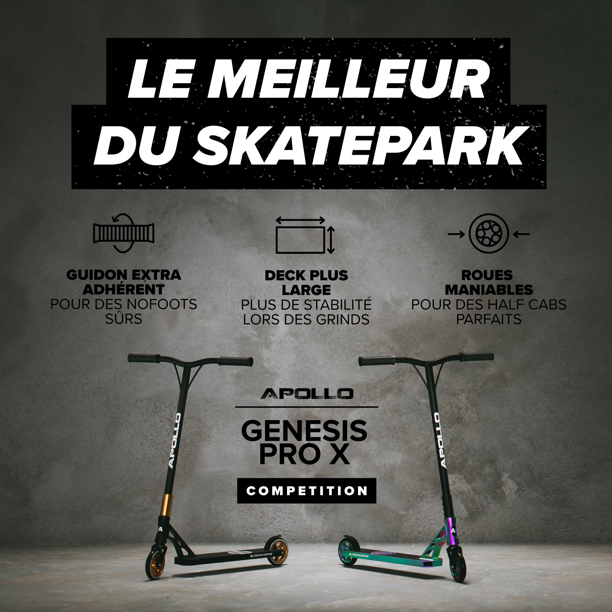 Apollo - Trotinette freestyle adulte “Genesis Pro X Competition” avec roulements à billes ABEC 9 - Noir Or