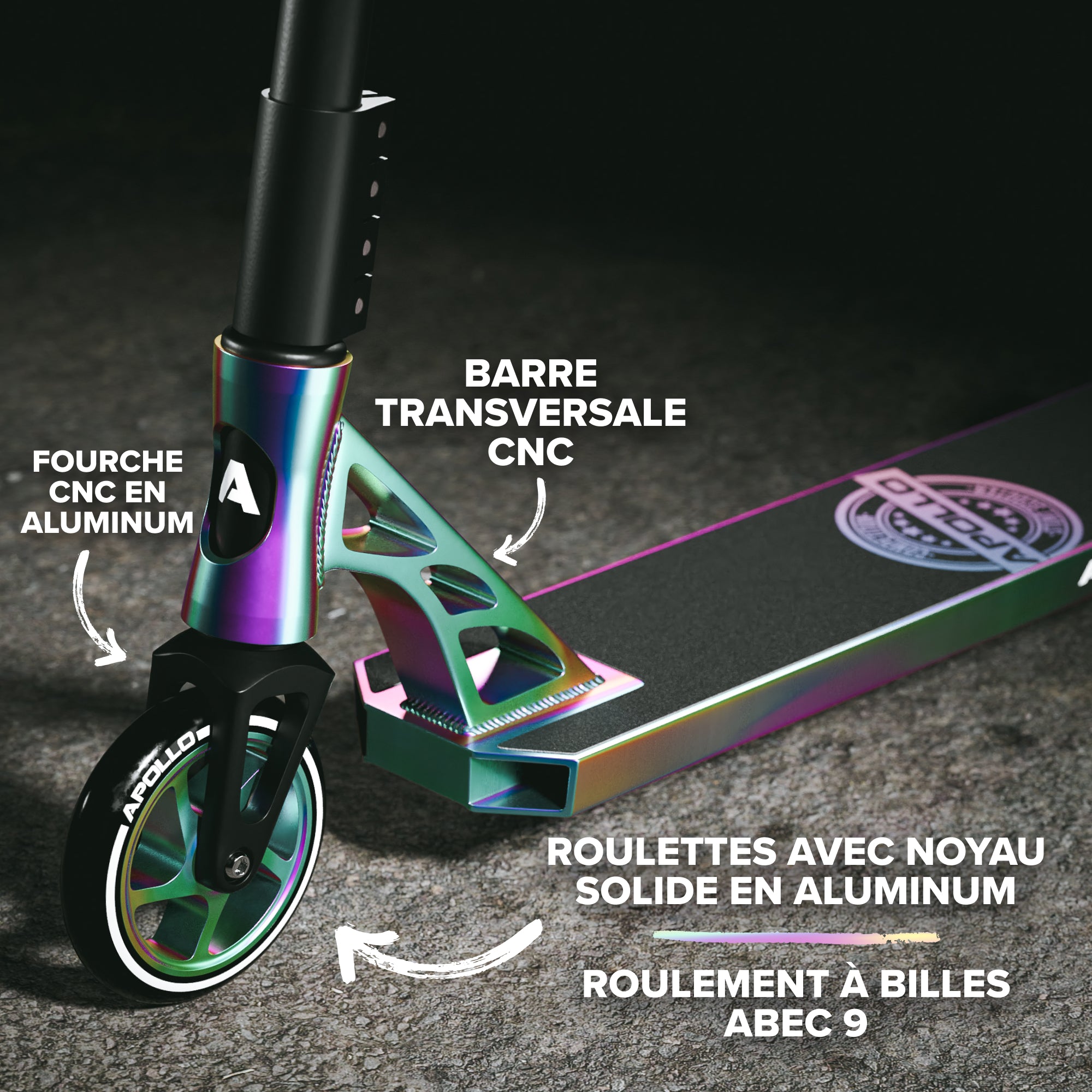 Apollo - Trotinette freestyle adulte “Genesis Pro X Competition” avec roulements à billes ABEC 9 - Rainbow