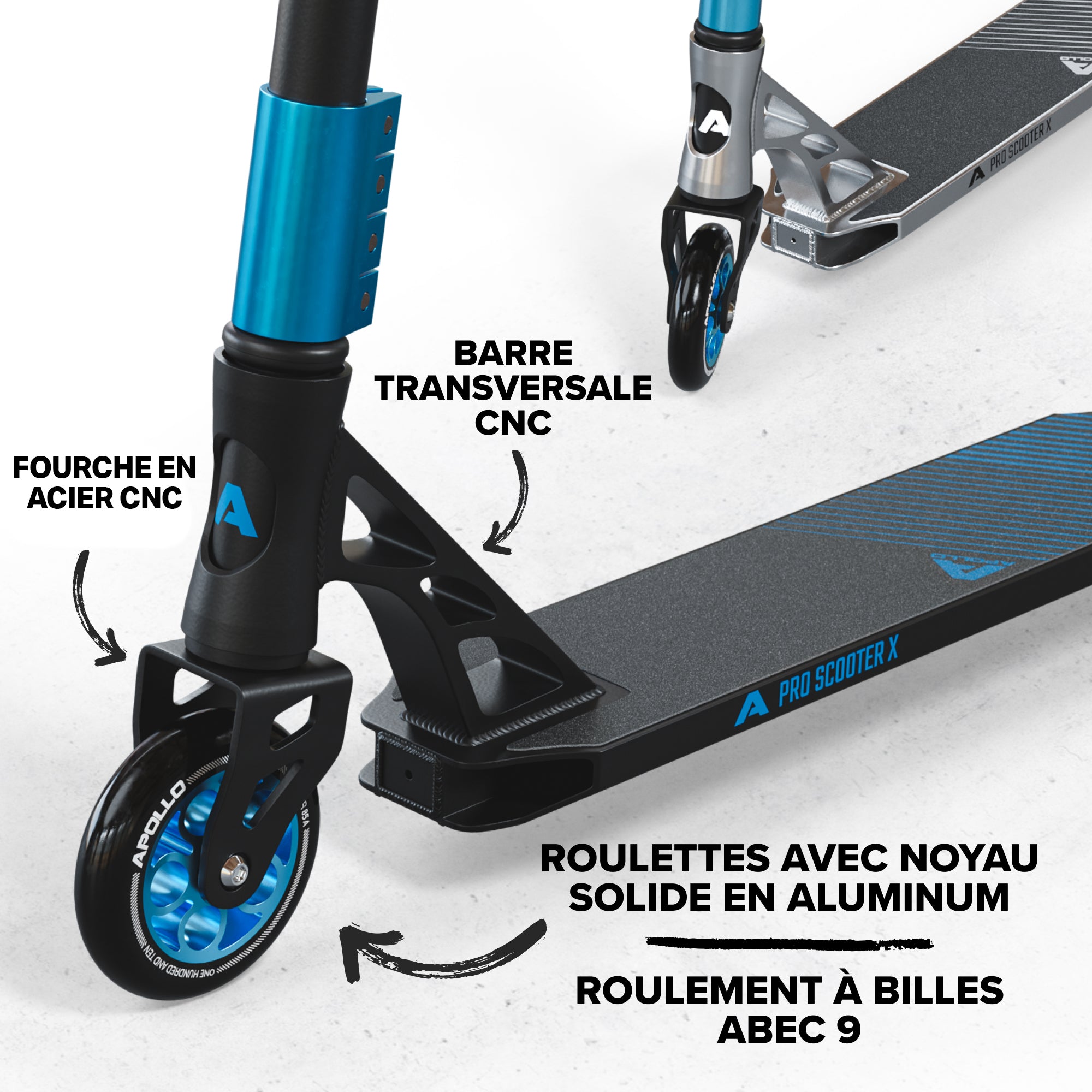 Apollo - Trotinette freestyle Adulte Genesis Pro X avec Roulements à Billes ABEC 9 - Noir Bleu