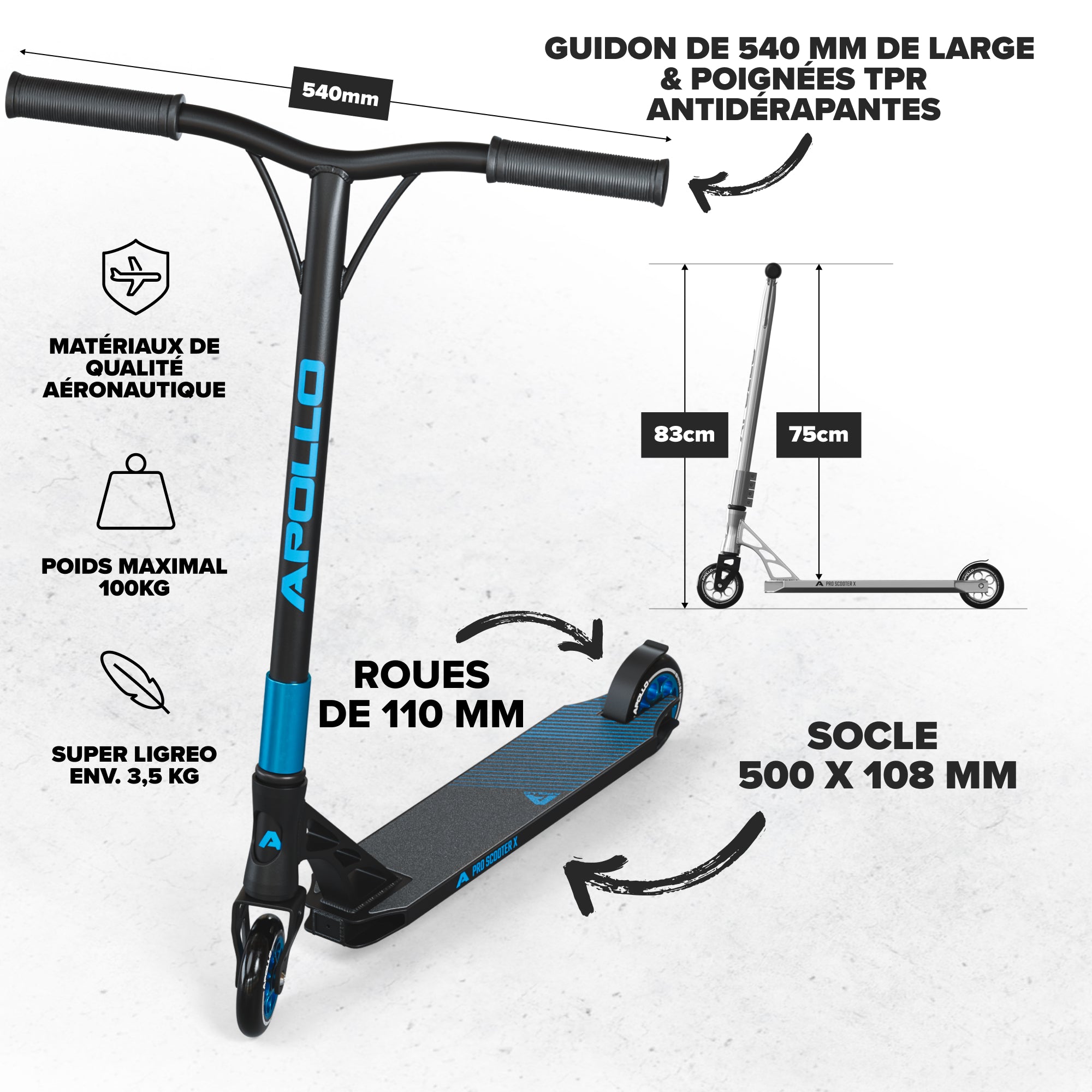 Apollo - Trotinette freestyle Adulte Genesis Pro X avec Roulements à Billes ABEC 9 - Noir Bleu