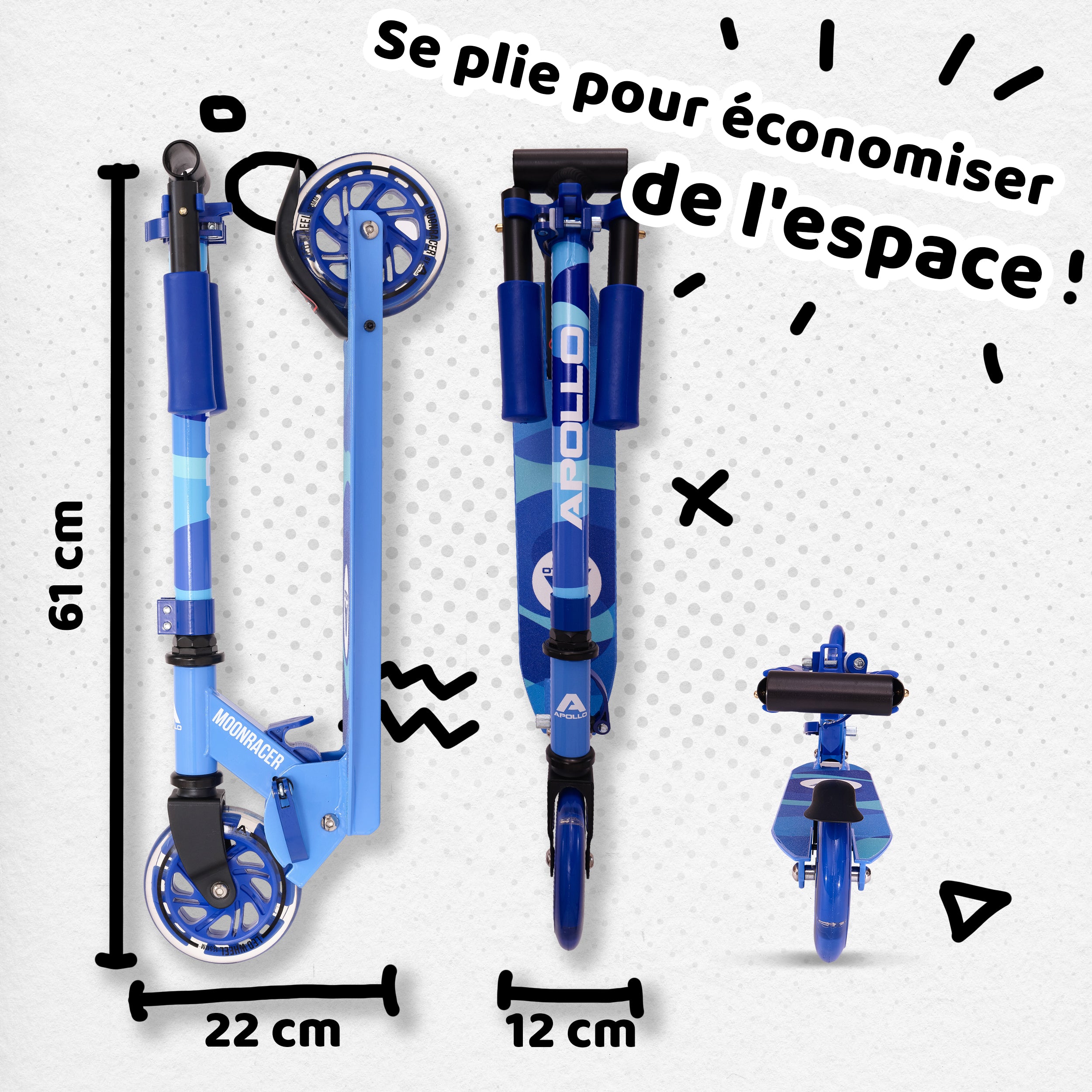 Apollo - Trottinette enfants à LED - Moonracer - Trottinette pour enfants avec suspension - Bleu