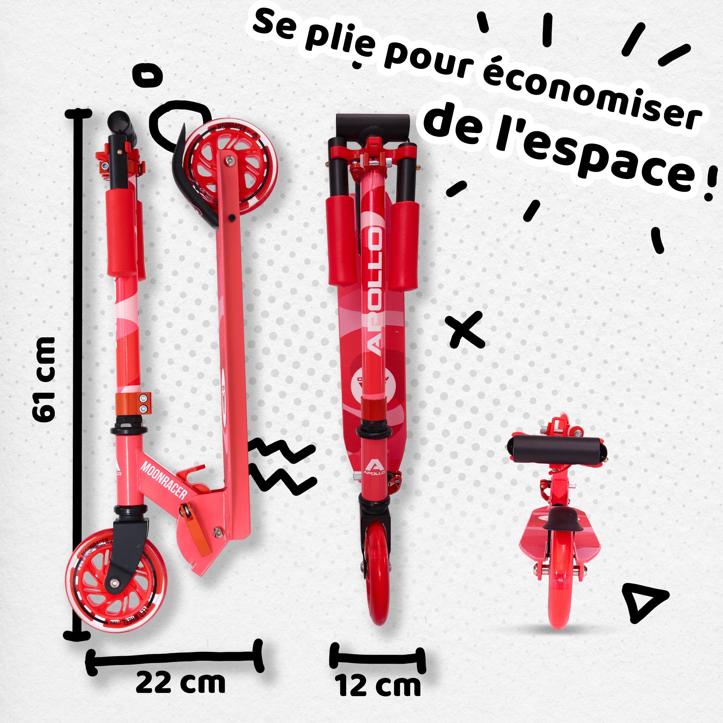 Apollo - Trottinette enfants à LED - Moonracer - Trottinette pour enfants avec suspension - Rouge