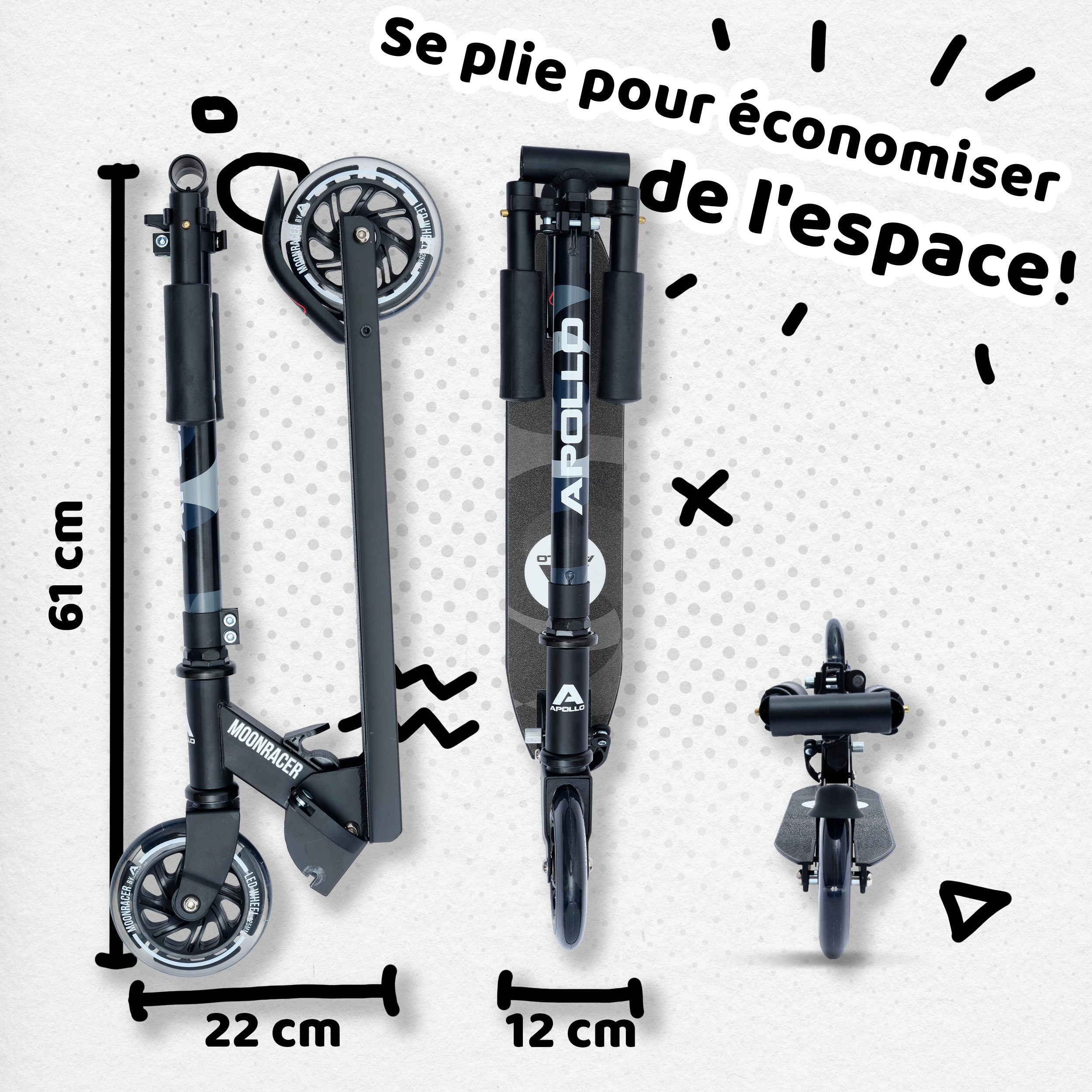 Apollo - Trottinette enfants à LED - Moonracer - Trottinette pour enfants avec suspension - Noir