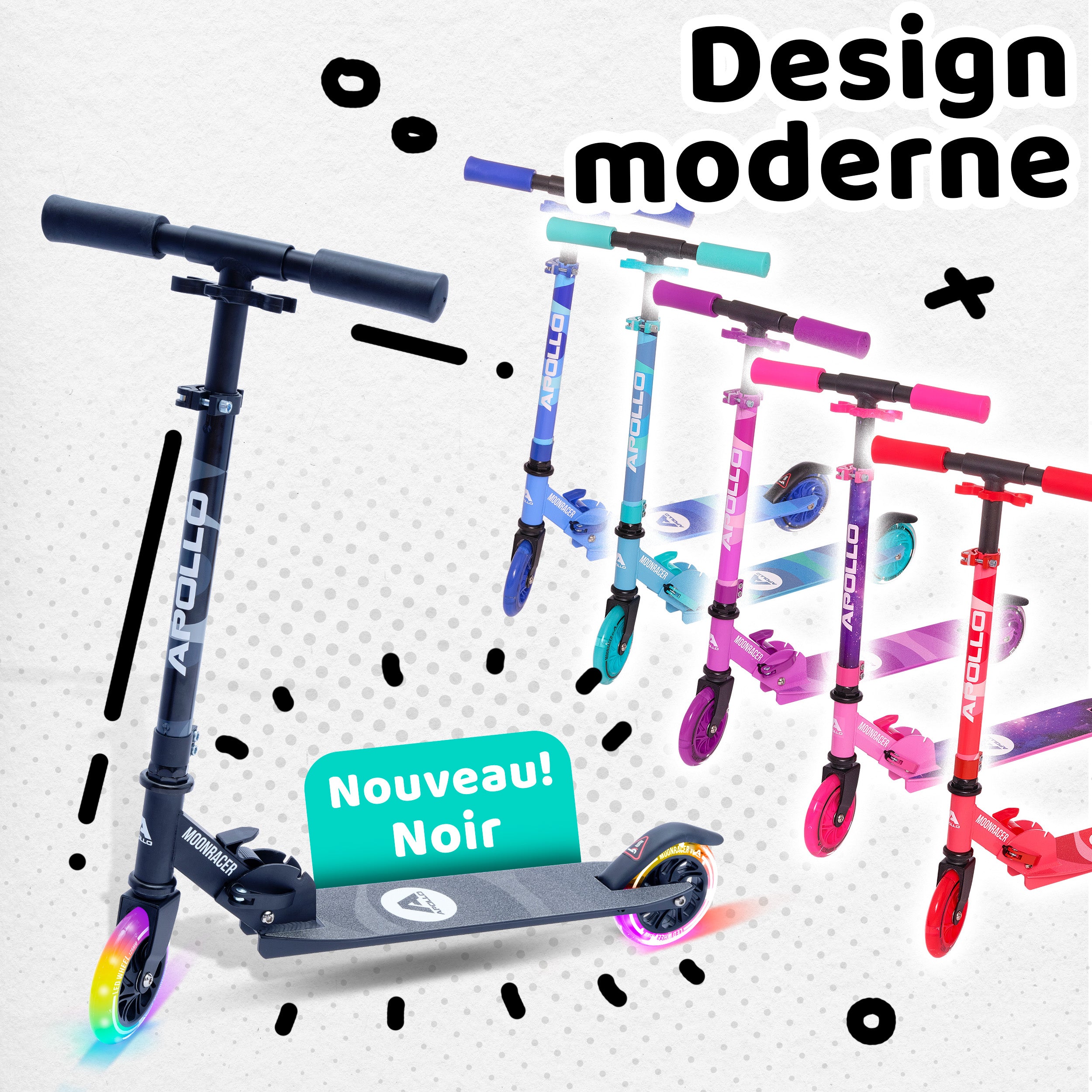 Apollo - Trottinette enfants à LED - Moonracer - Trottinette pour enfants avec suspension - Noir