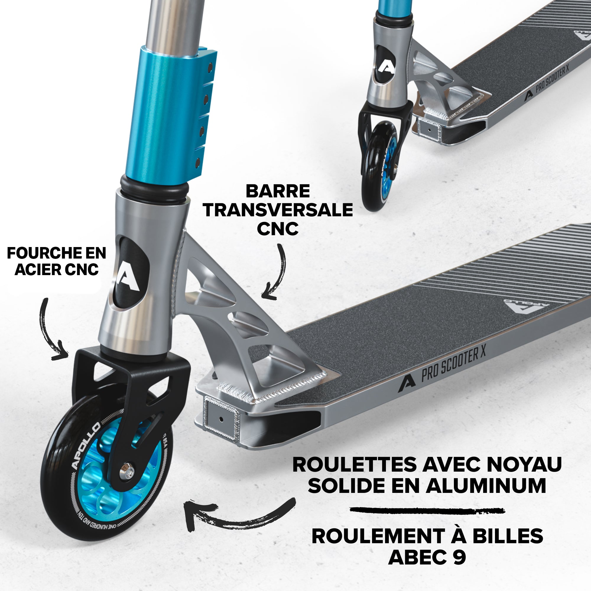 Apollo - Trotinette freestyle Adulte Genesis Pro X avec Roulements à Billes ABEC 9 - Argent
