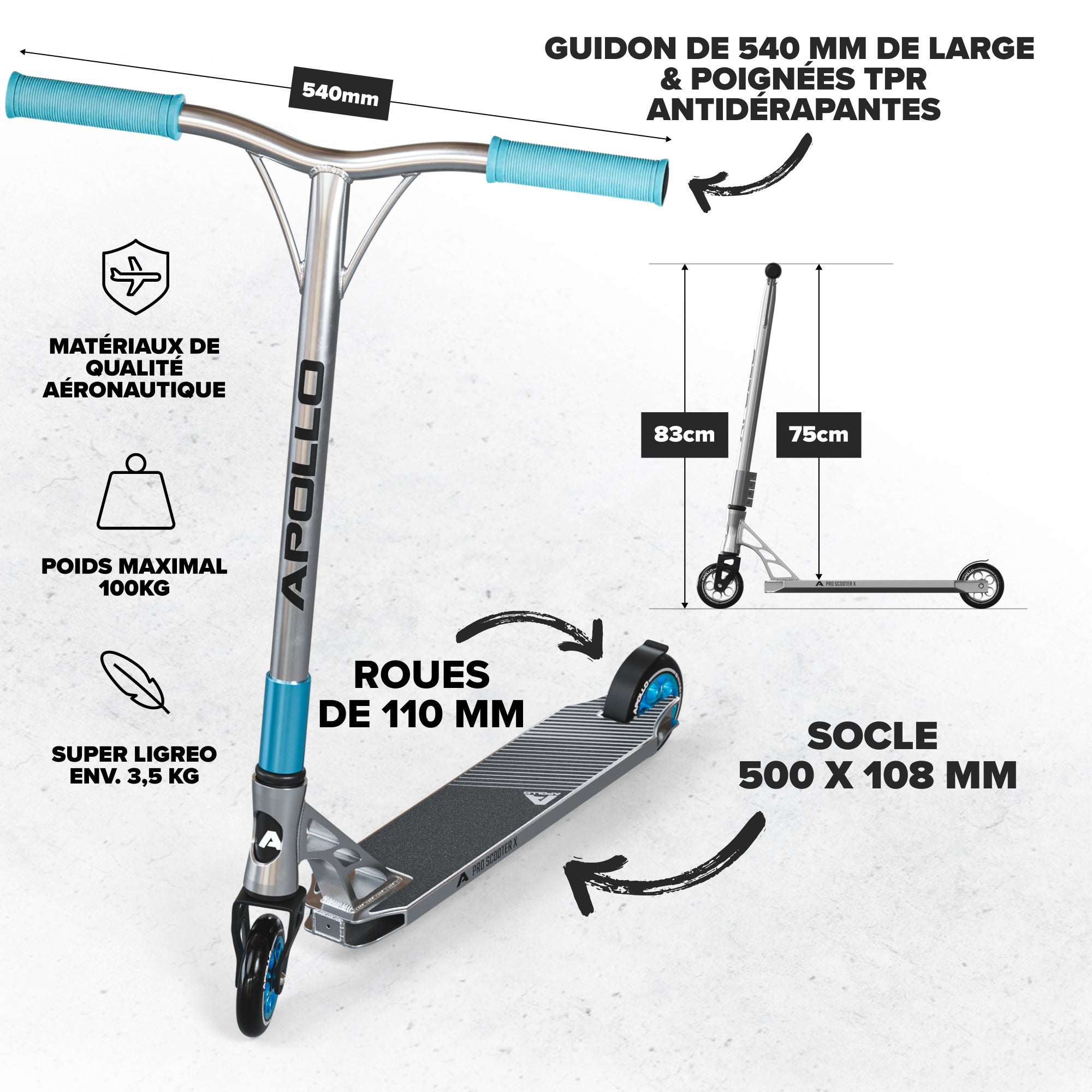 Apollo - Trotinette freestyle Adulte Genesis Pro X avec Roulements à Billes ABEC 9 - Argent