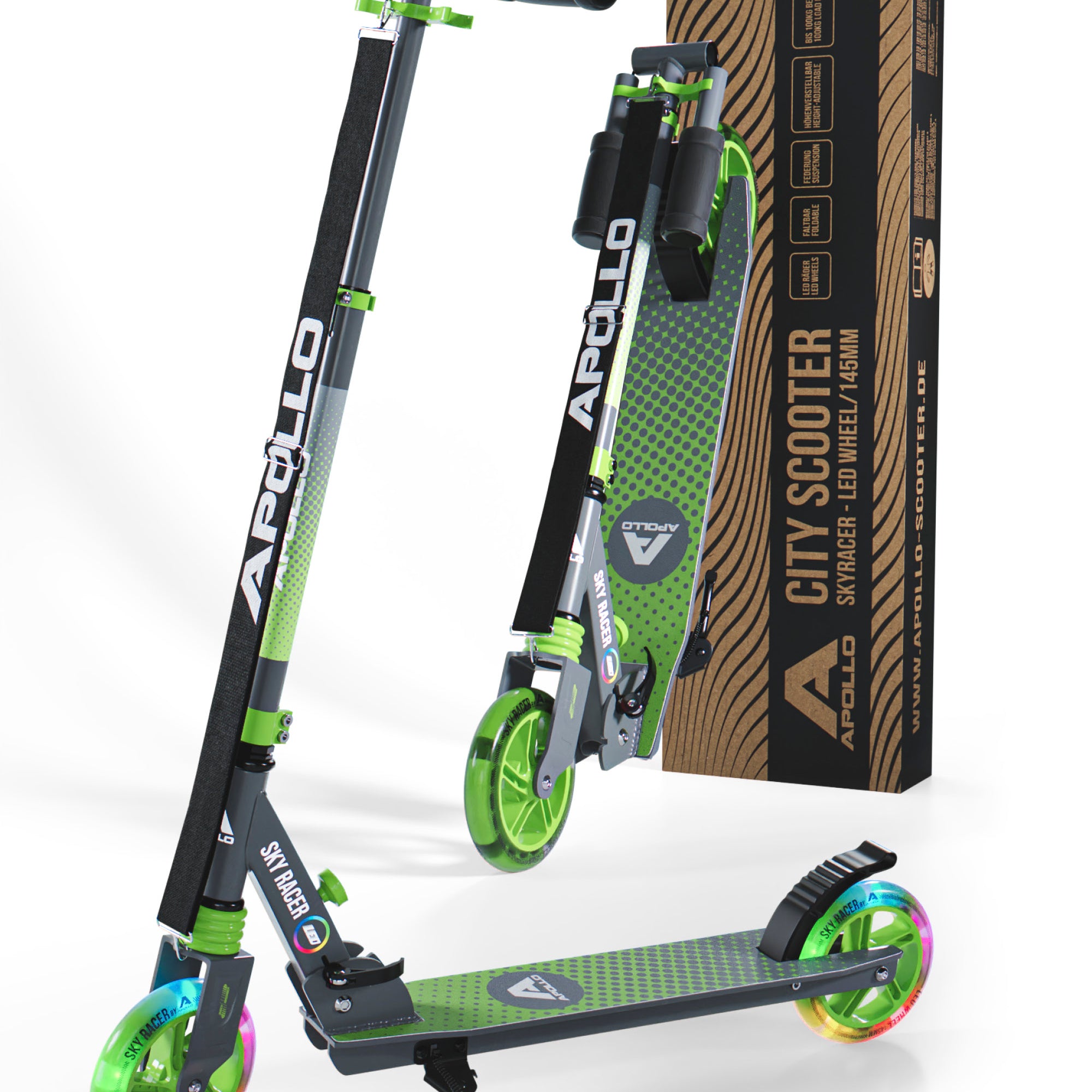 Apollo - Trottinette Skyracer - trottinette urbaine à suspension avec roues LED 145 mm - Vert Gris