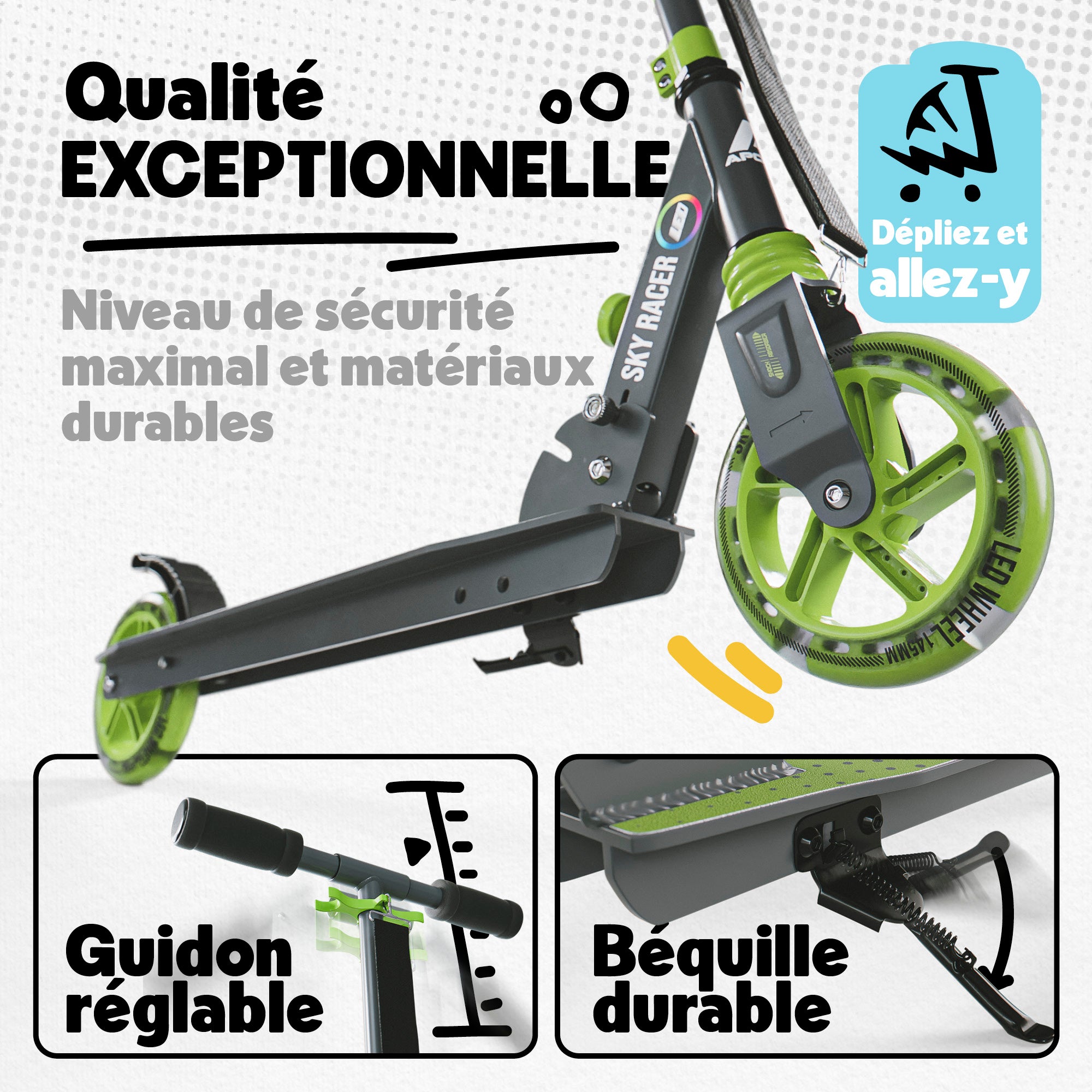 Apollo - Trottinette Skyracer - trottinette urbaine à suspension avec roues LED 145 mm - Vert Gris