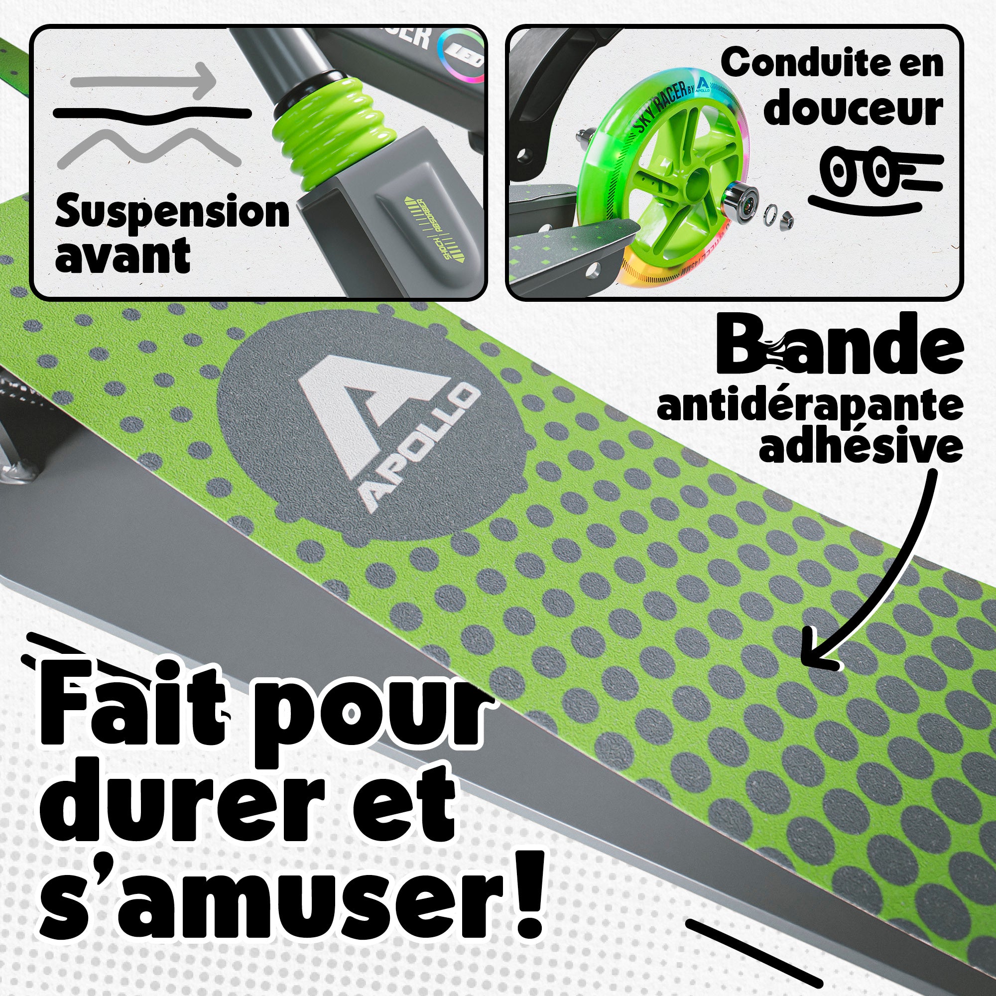 Apollo - Trottinette Skyracer - trottinette urbaine à suspension avec roues LED 145 mm - Vert Gris