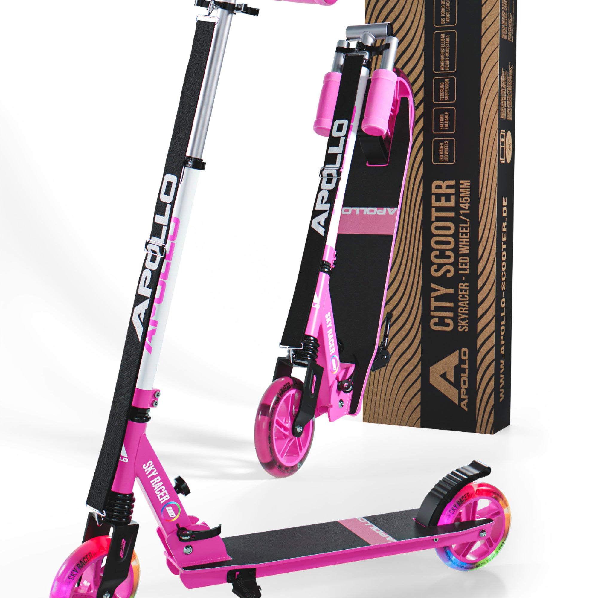 Apollo - Trottinette Skyracer - trottinette urbaine à suspension avec roues LED 145 mm - Rose Blanc