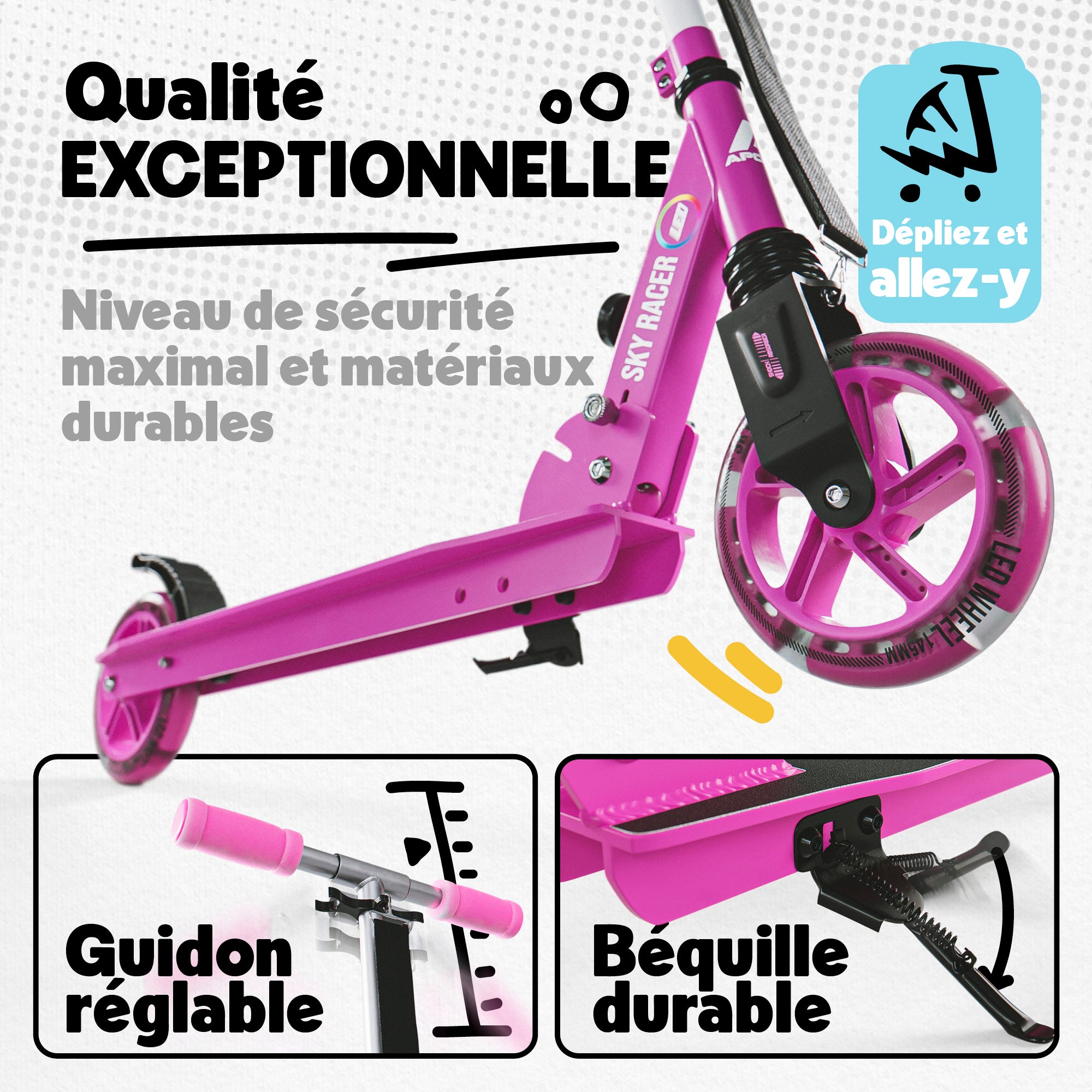 Apollo - Trottinette Skyracer - trottinette urbaine à suspension avec roues LED 145 mm - Rose Blanc