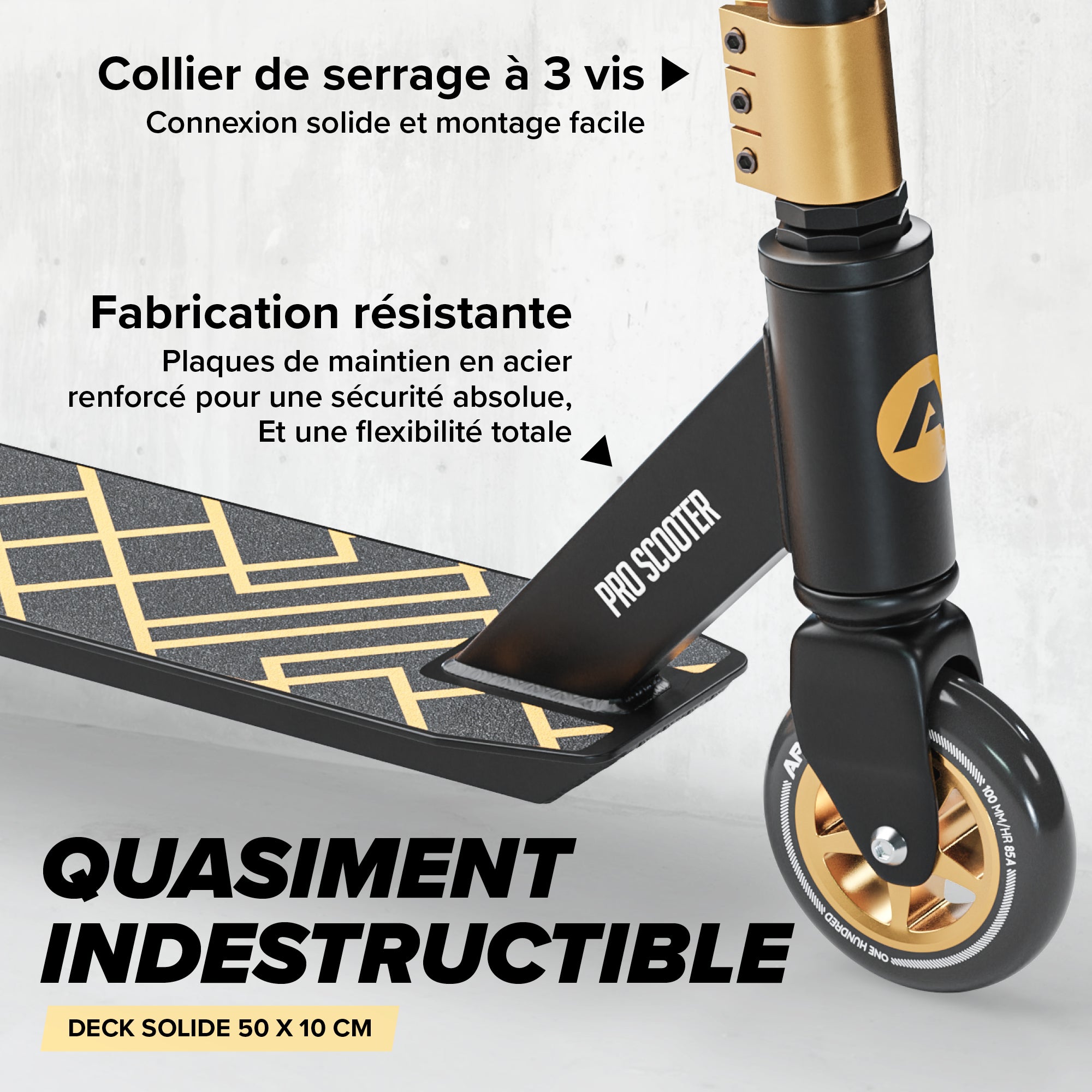 Apollo - Trottinette Freestyle Genius Pro - Trottinette robuste avec roulement à billes ABEC 9 - Noir Or