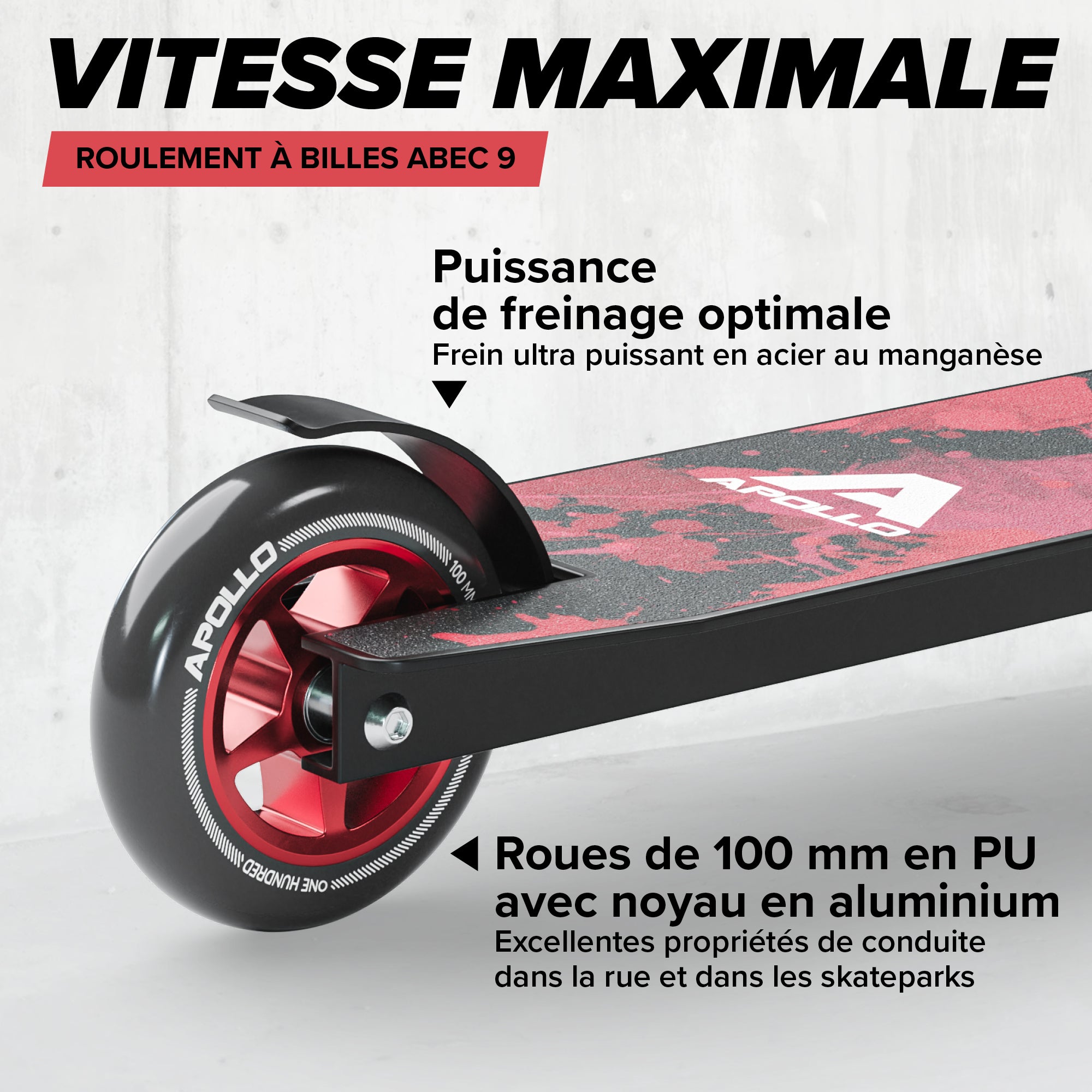 Apollo - Trottinette Freestyle Genius Pro - Trottinette robuste avec roulement à billes ABEC 9 - Red Ink