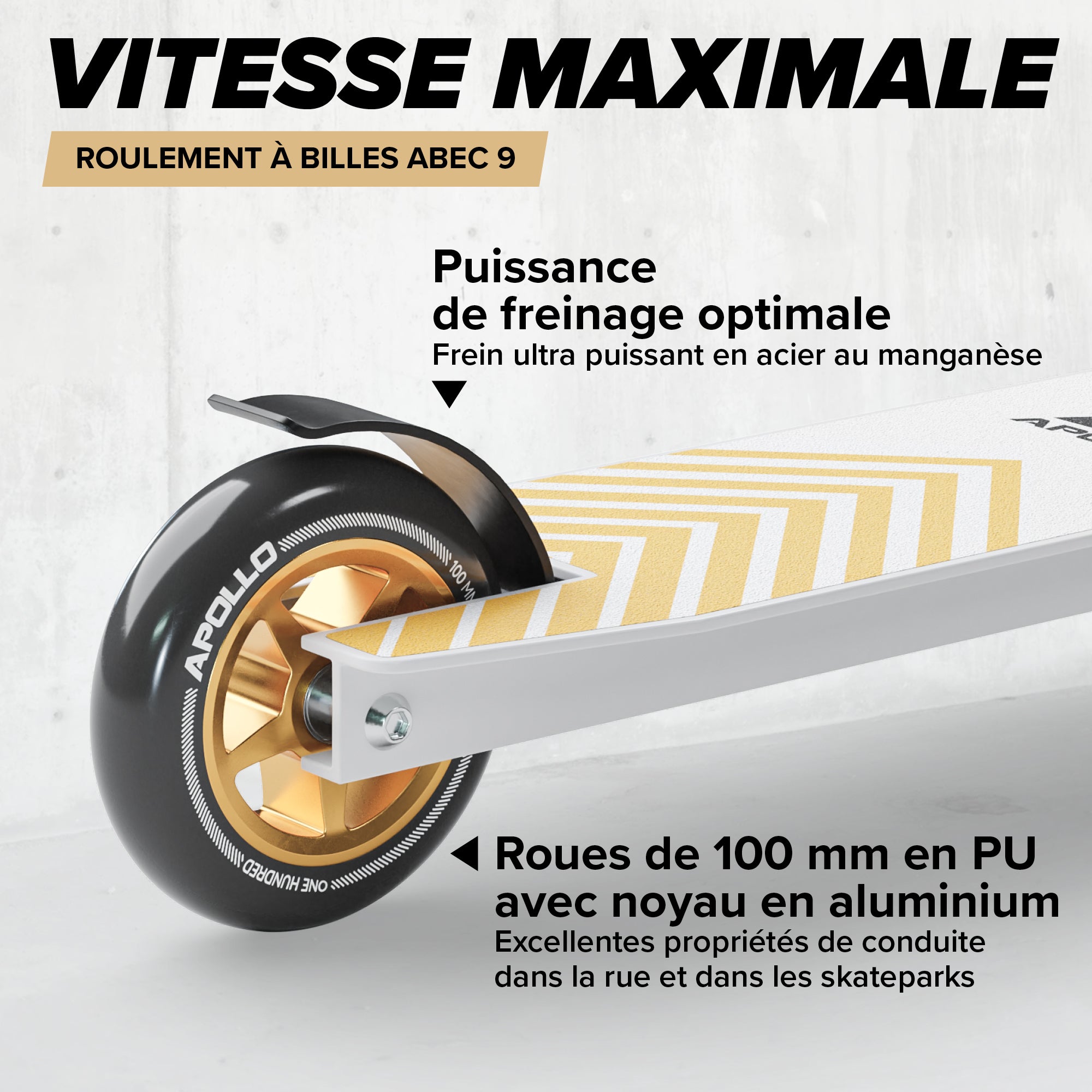 Apollo - Trottinette Freestyle Genius Pro - Trottinette robuste avec roulement à billes ABEC 9 - Blanc Or