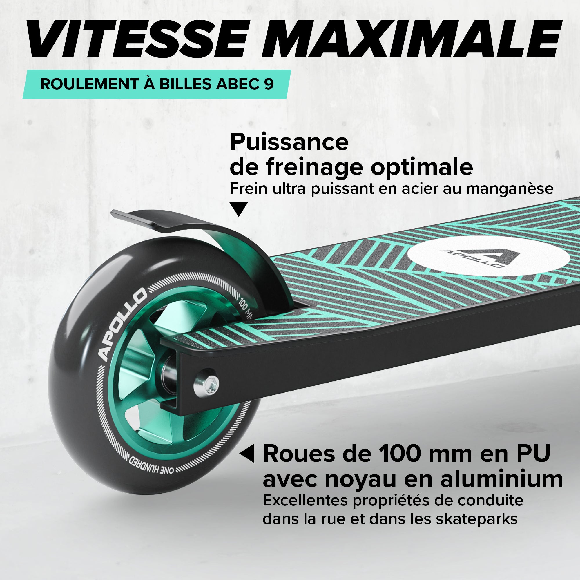 Apollo - Trottinette Freestyle Genius Pro - Trottinette robuste avec roulement à billes ABEC 9 - Noir Vert