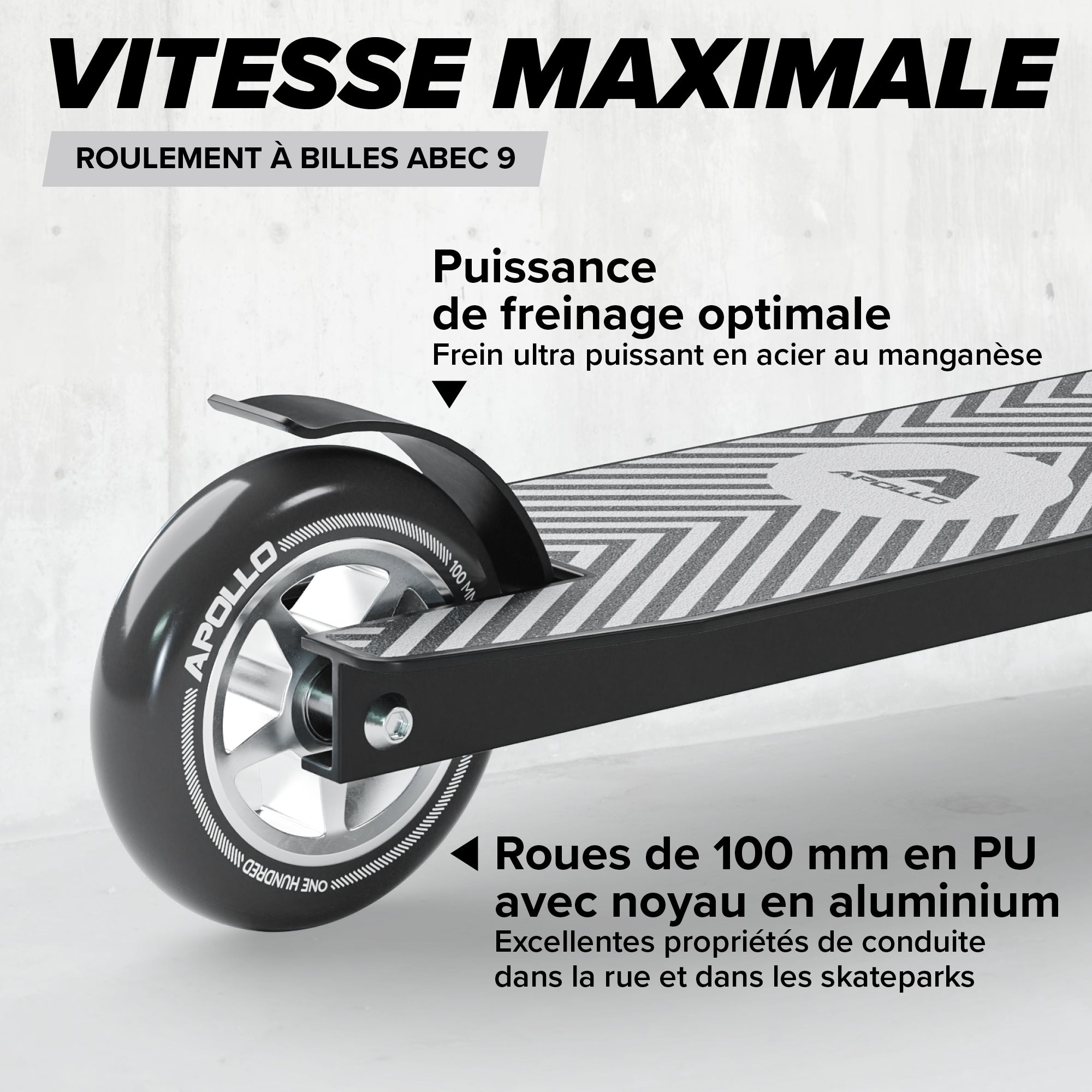 Apollo - Trottinette Freestyle Genius Pro - Trottinette robuste avec roulement à billes ABEC 9 - Noir Argent